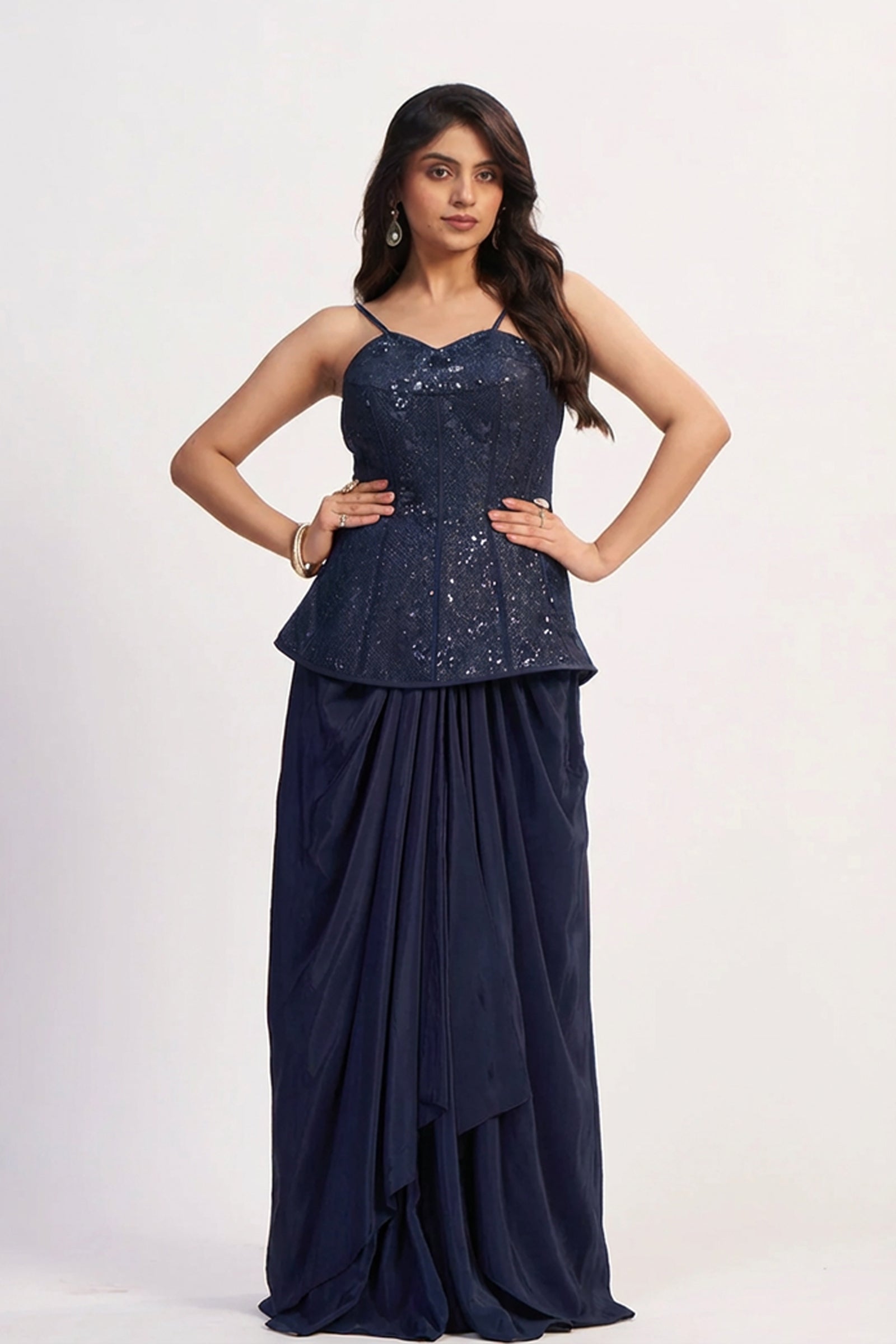 Navy Blue Crepe Silk Ready-to-Wear Drape Saree with Hand-Embroidered Sequin Corset Top