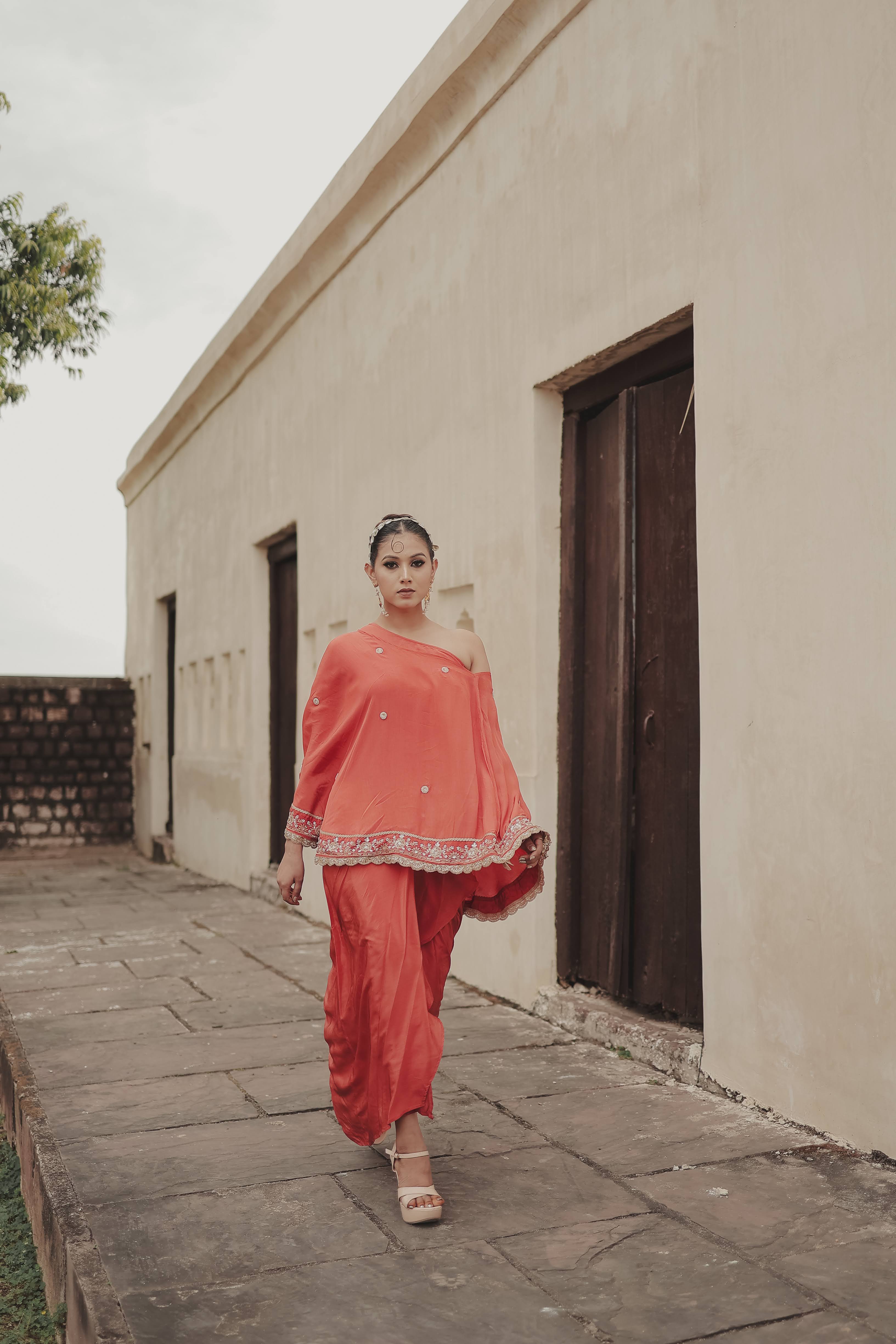 Orange Crepe Silk 3-Piece Indo-Western Dhoti Pattern Set with Top