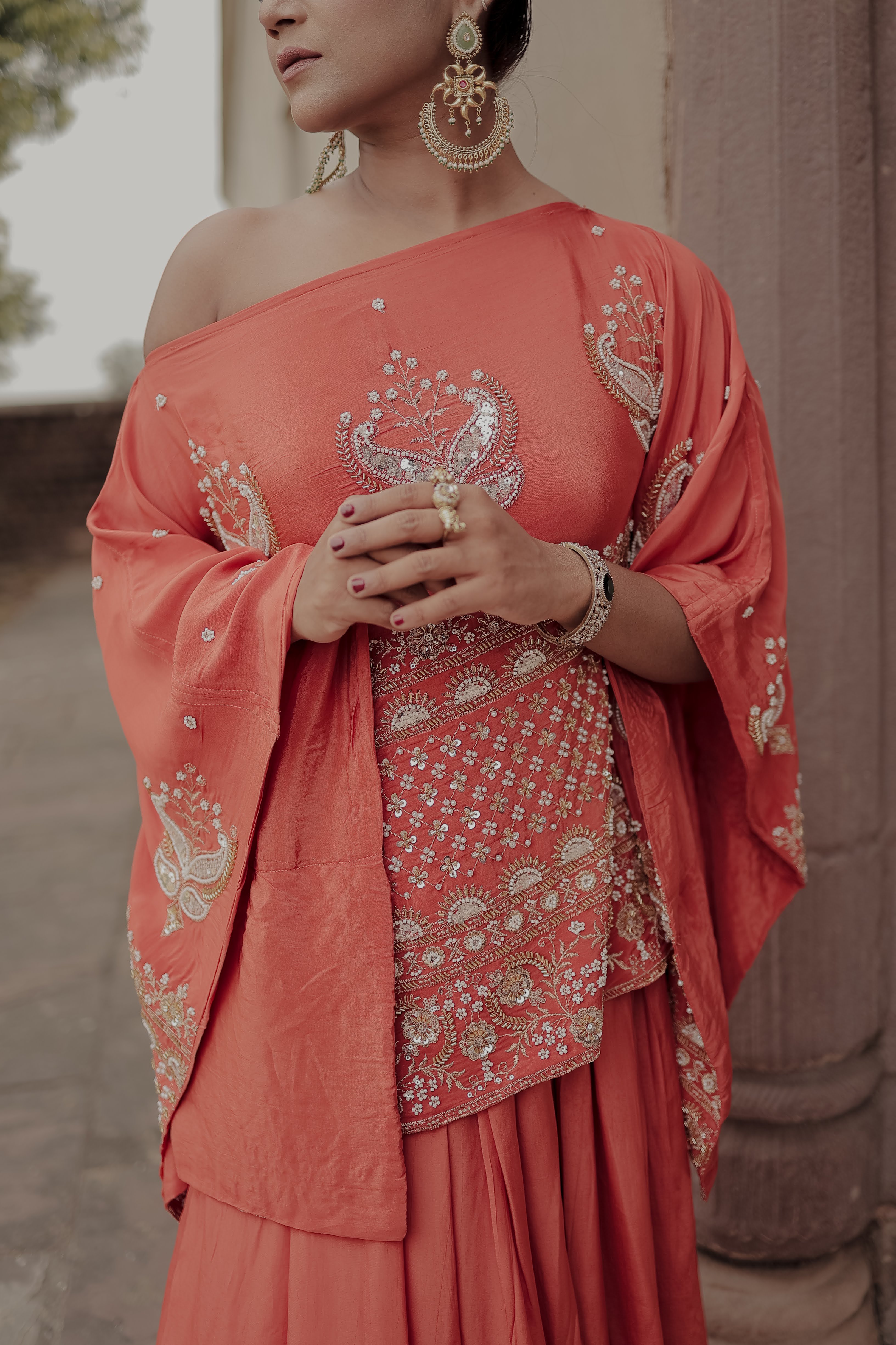 Orange Crepe Silk Designer Rectangular Top & Skirt Set