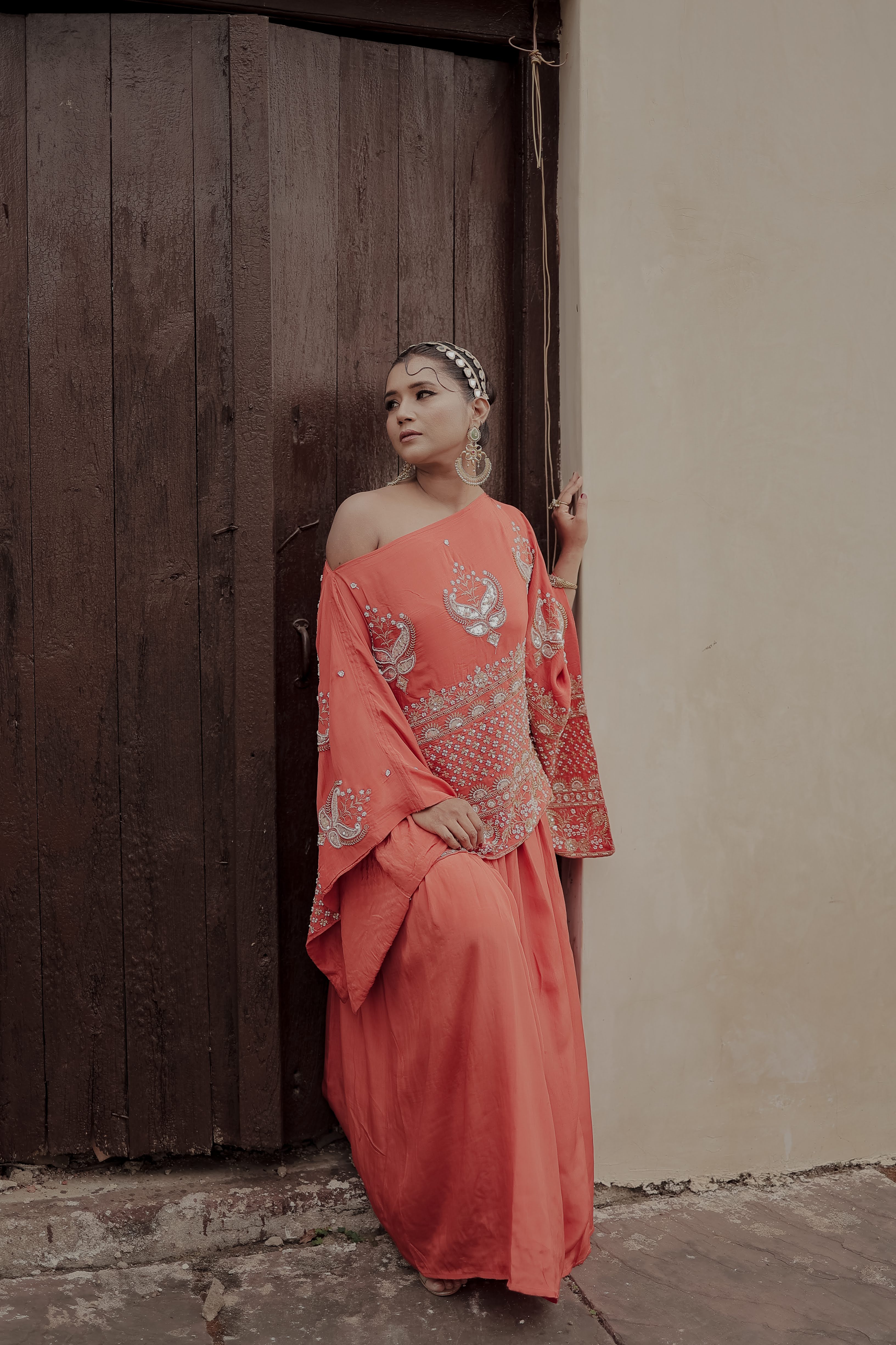 Orange Crepe Silk Designer Rectangular Top & Skirt Set