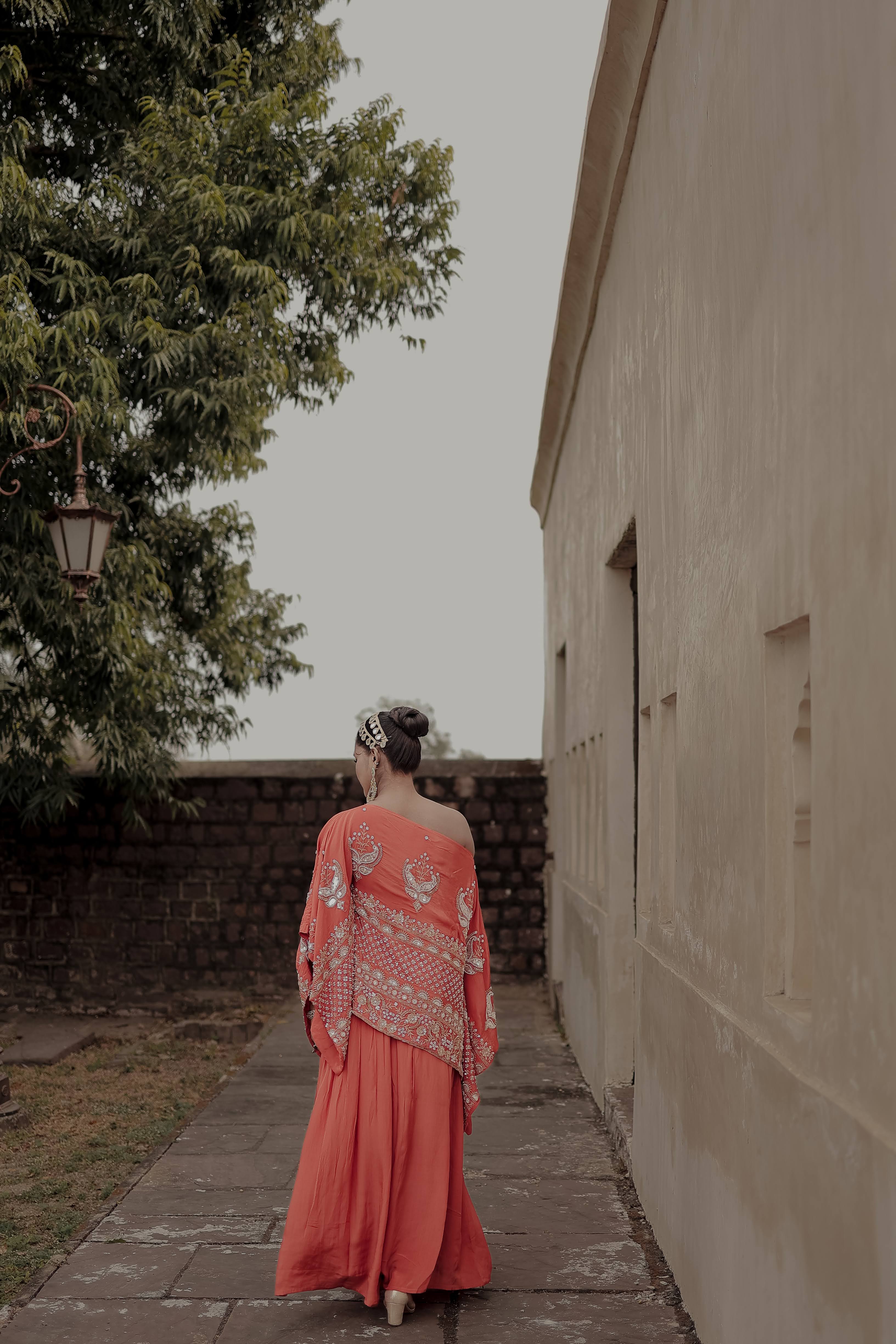 Orange Crepe Silk Designer Rectangular Top & Skirt Set