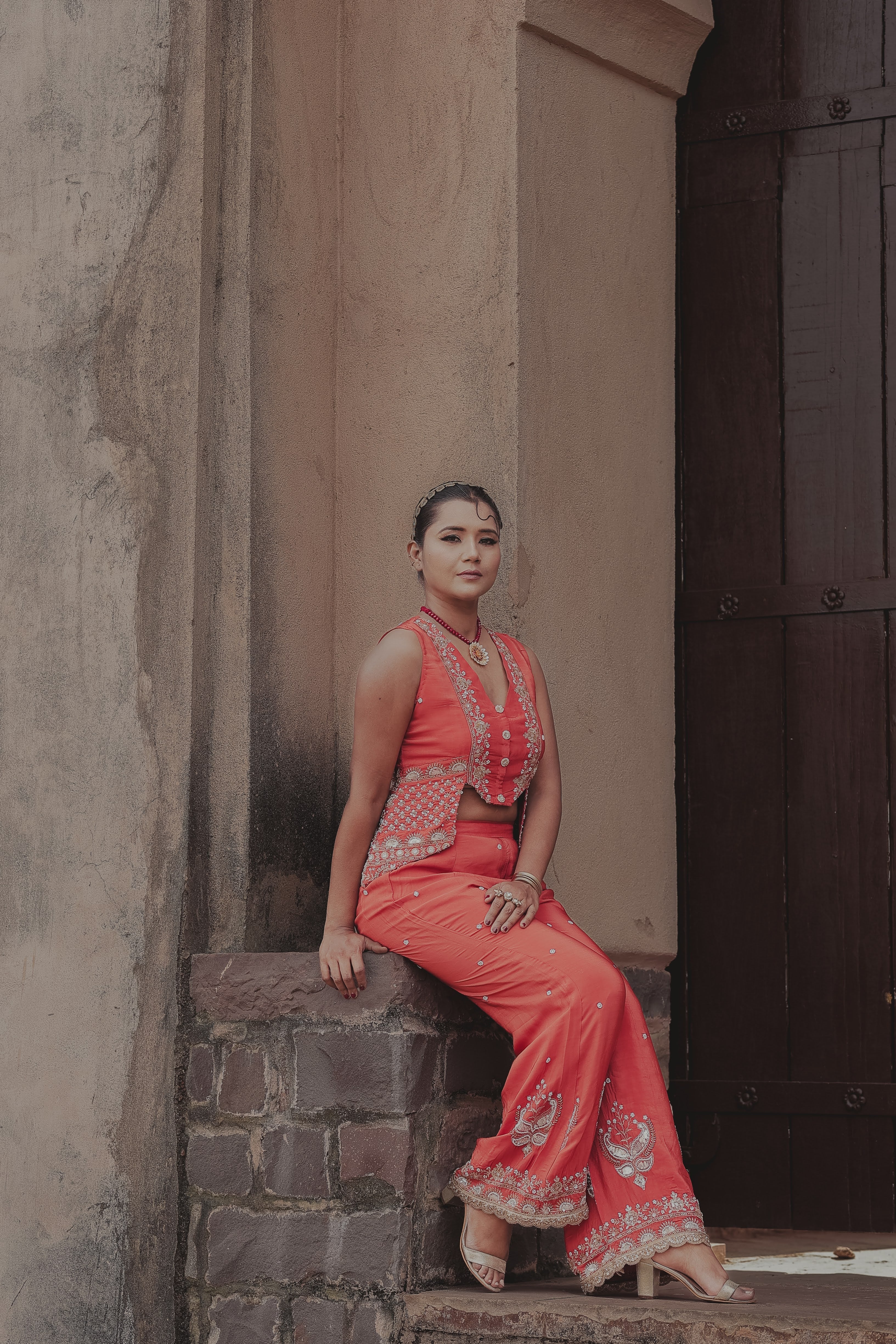 Orange Crepe Silk Designer Crop Top with Sharara Set