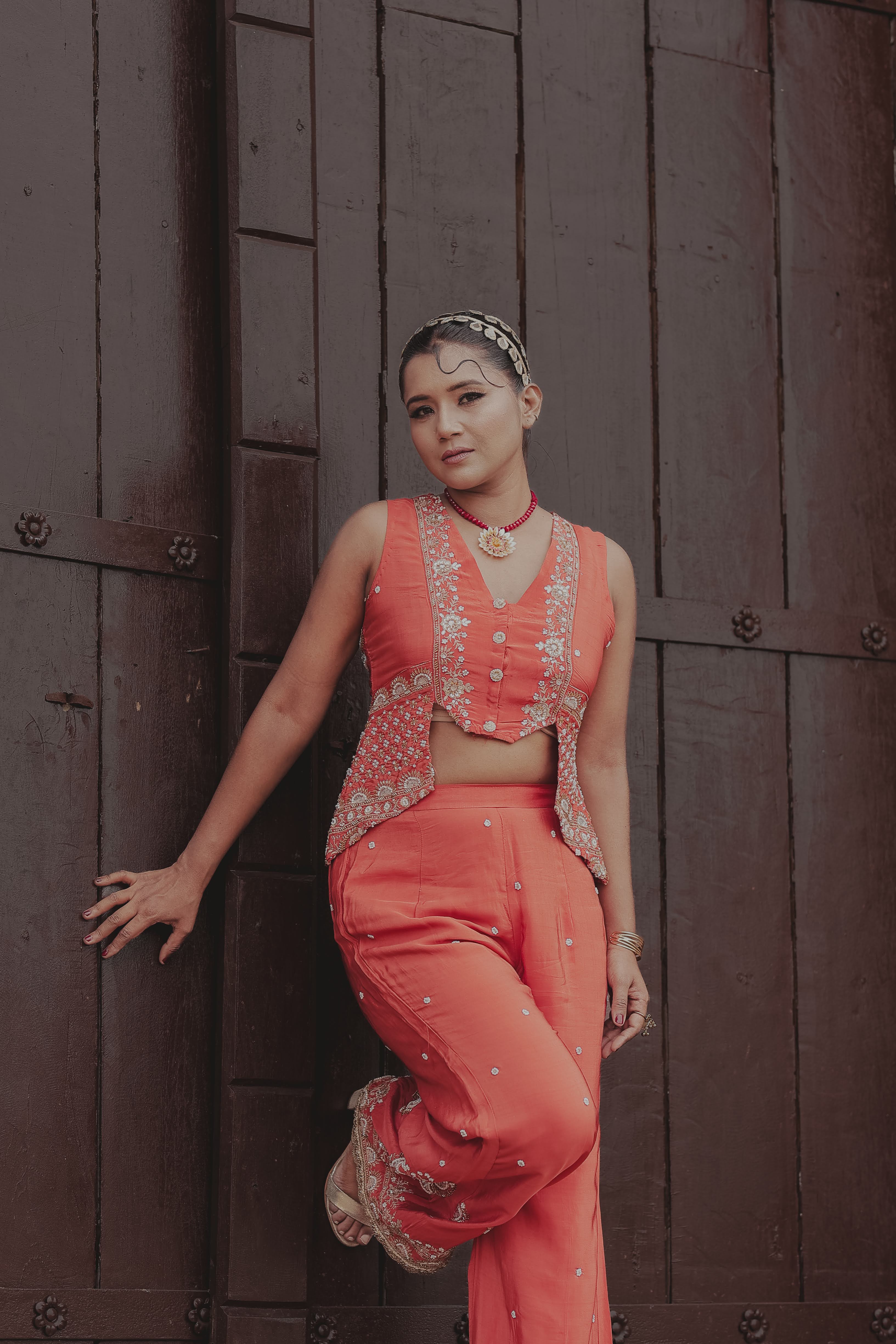 Orange Crepe Silk Designer Crop Top with Sharara Set