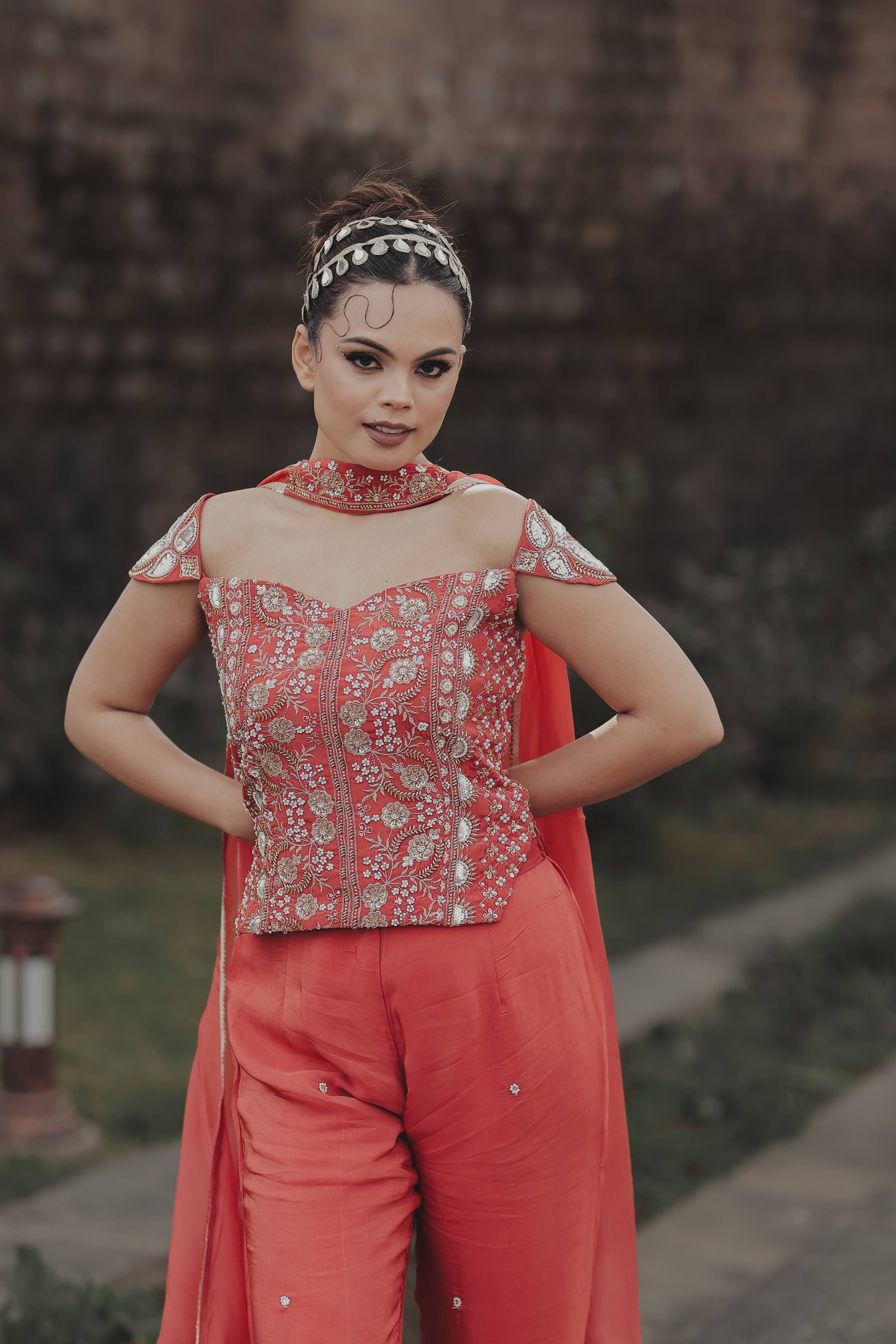 Orange Crepe Silk Indo-Western Crop Top Sharara Set with Dupatta