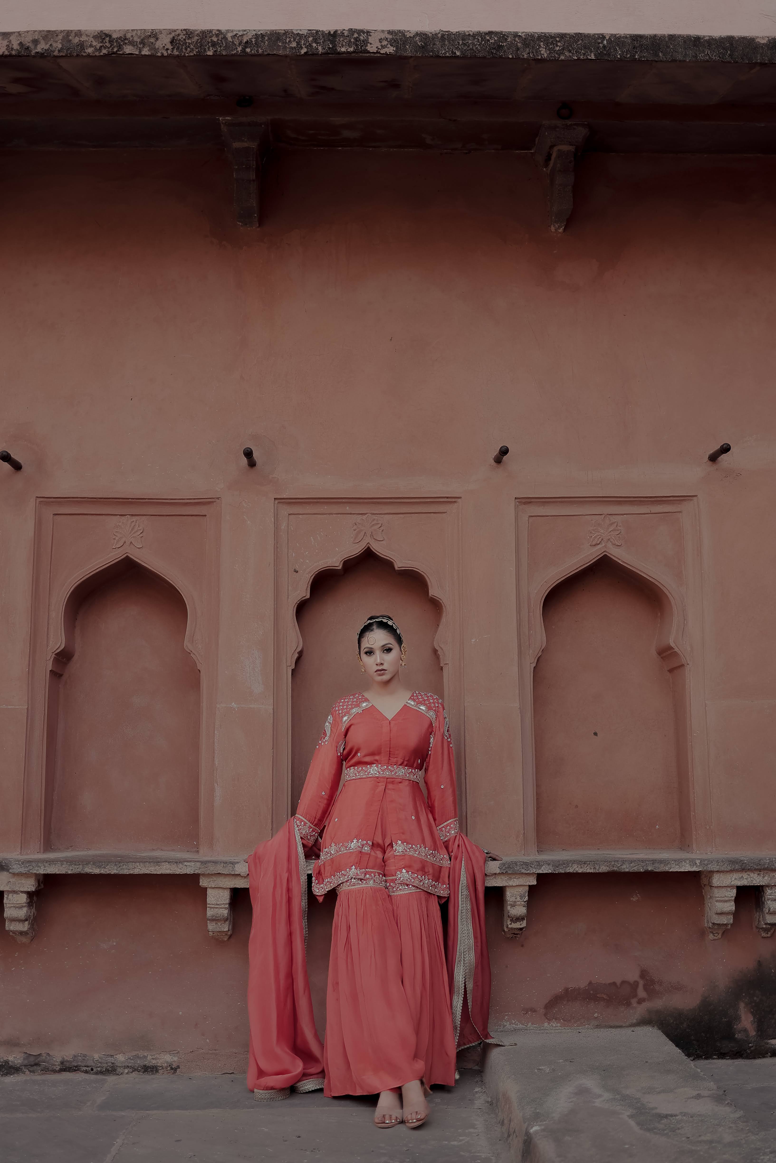 Orange Crepe Silk Full-Sleeve Long Top with Belt & Gharara Set