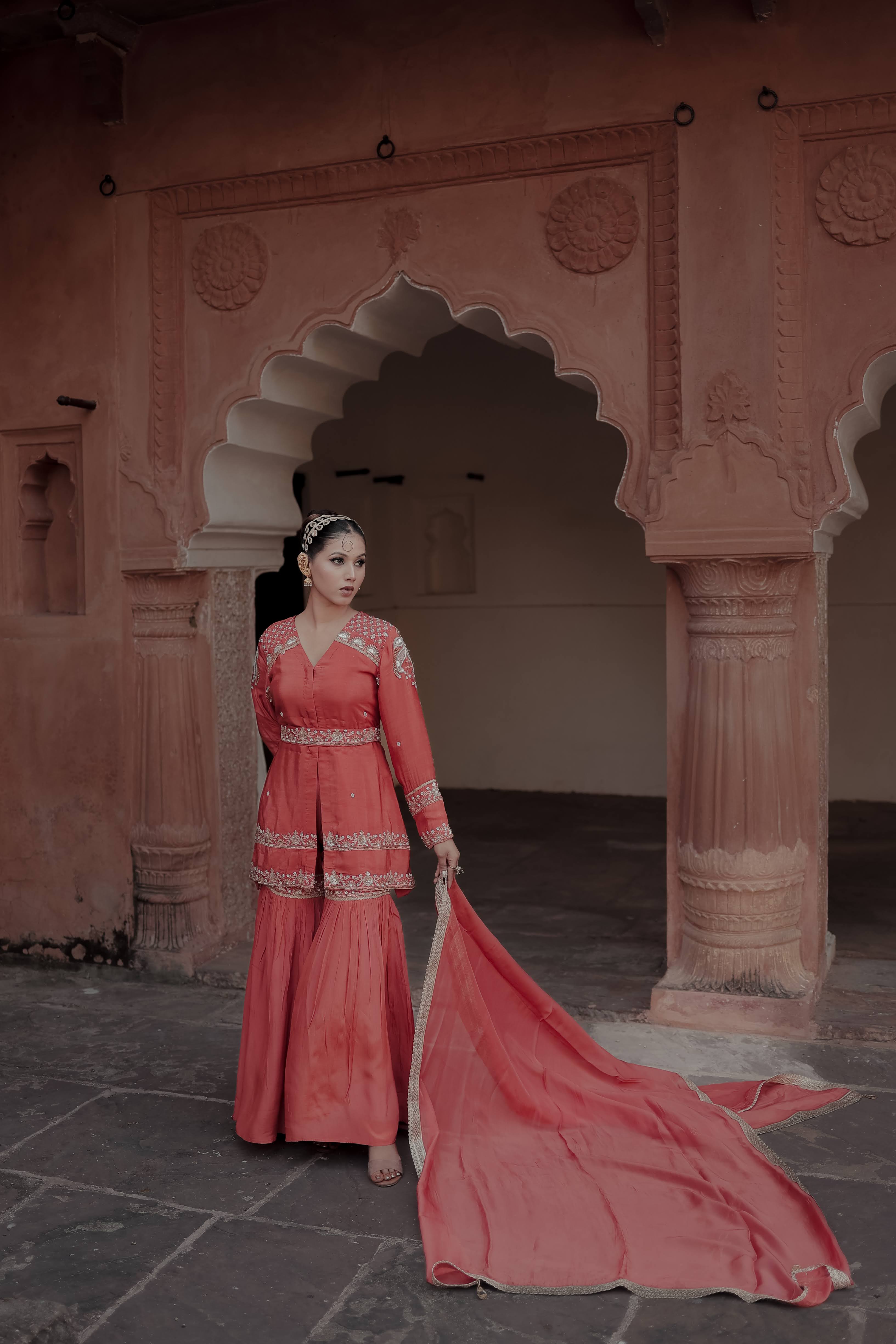 Orange Crepe Silk Full-Sleeve Long Top with Belt & Gharara Set