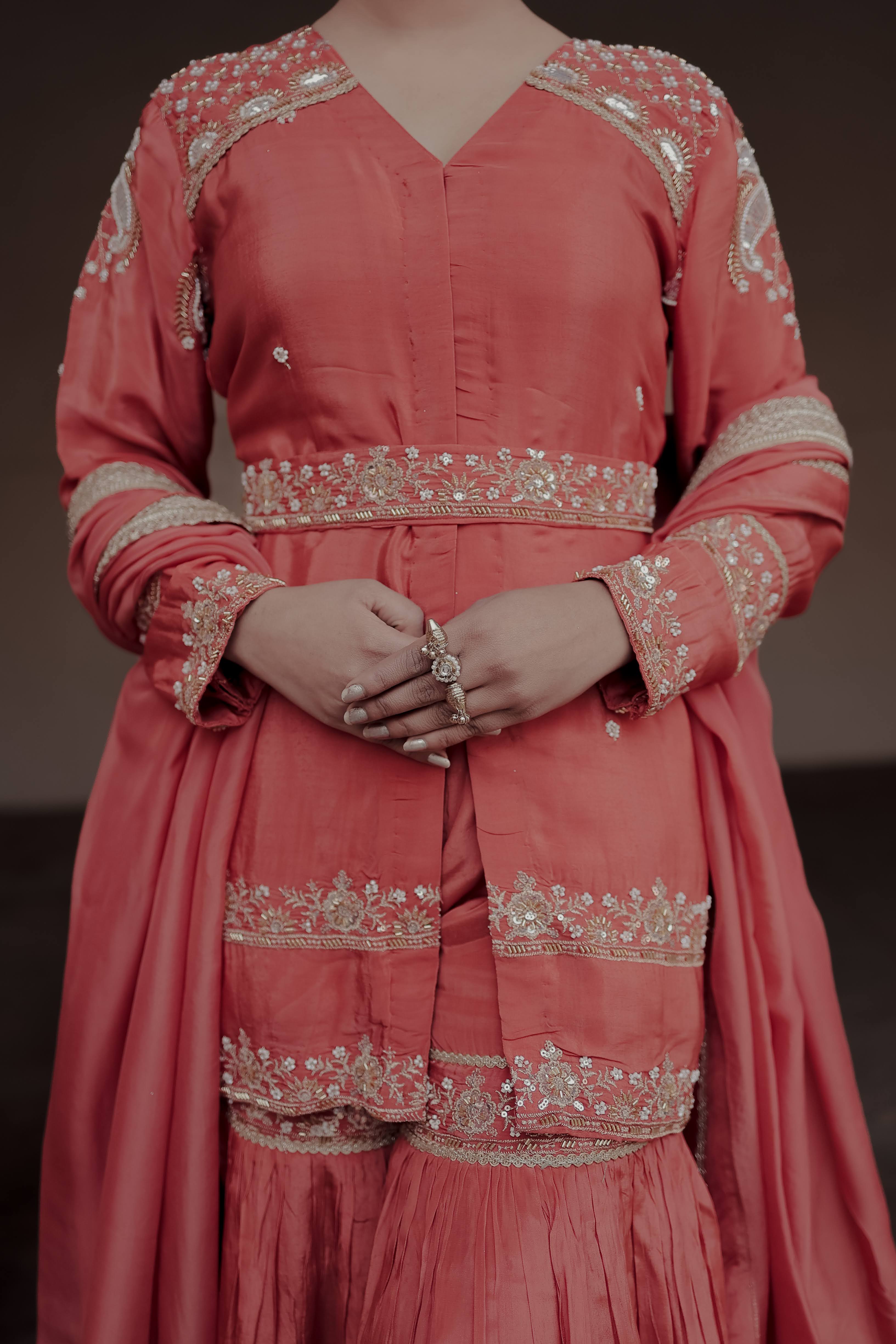 Orange Crepe Silk Full-Sleeve Long Top with Belt & Gharara Set