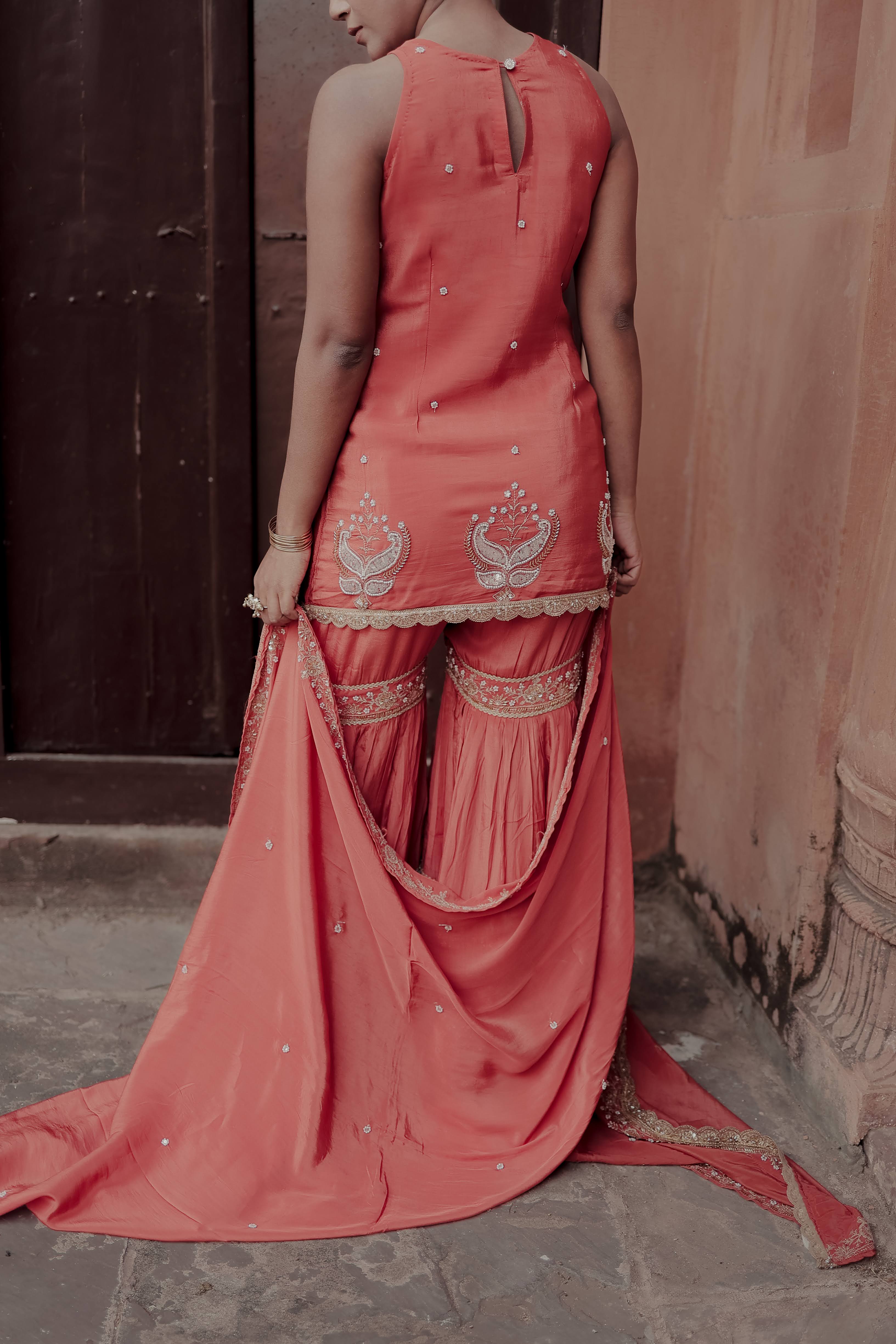 Orange Crepe Silk Sleeveless Suit with Gharara & Dupatta