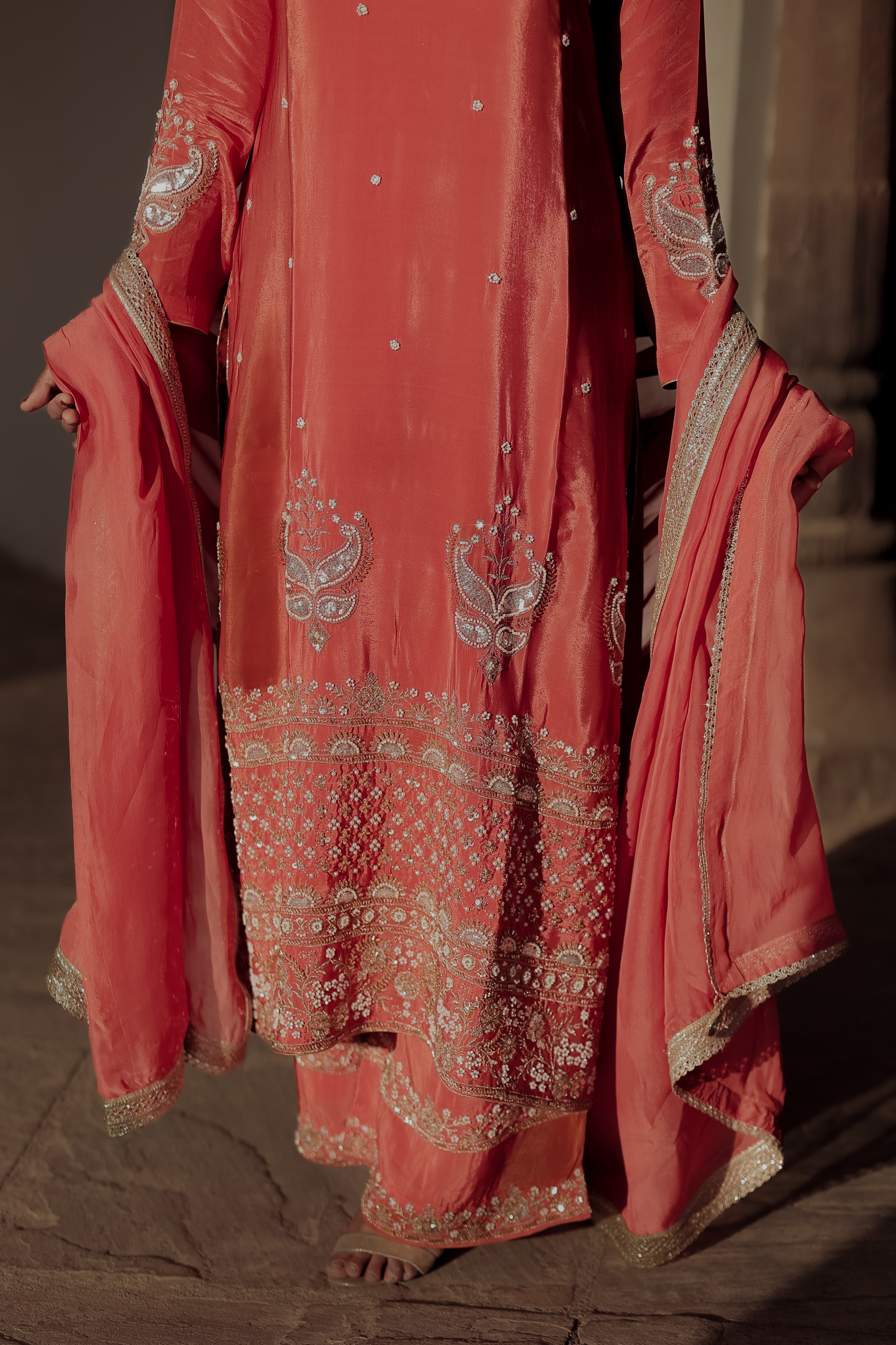 Orange Crepe Silk Full-Sleeve Long Kurta Sharara Set with Dupatta