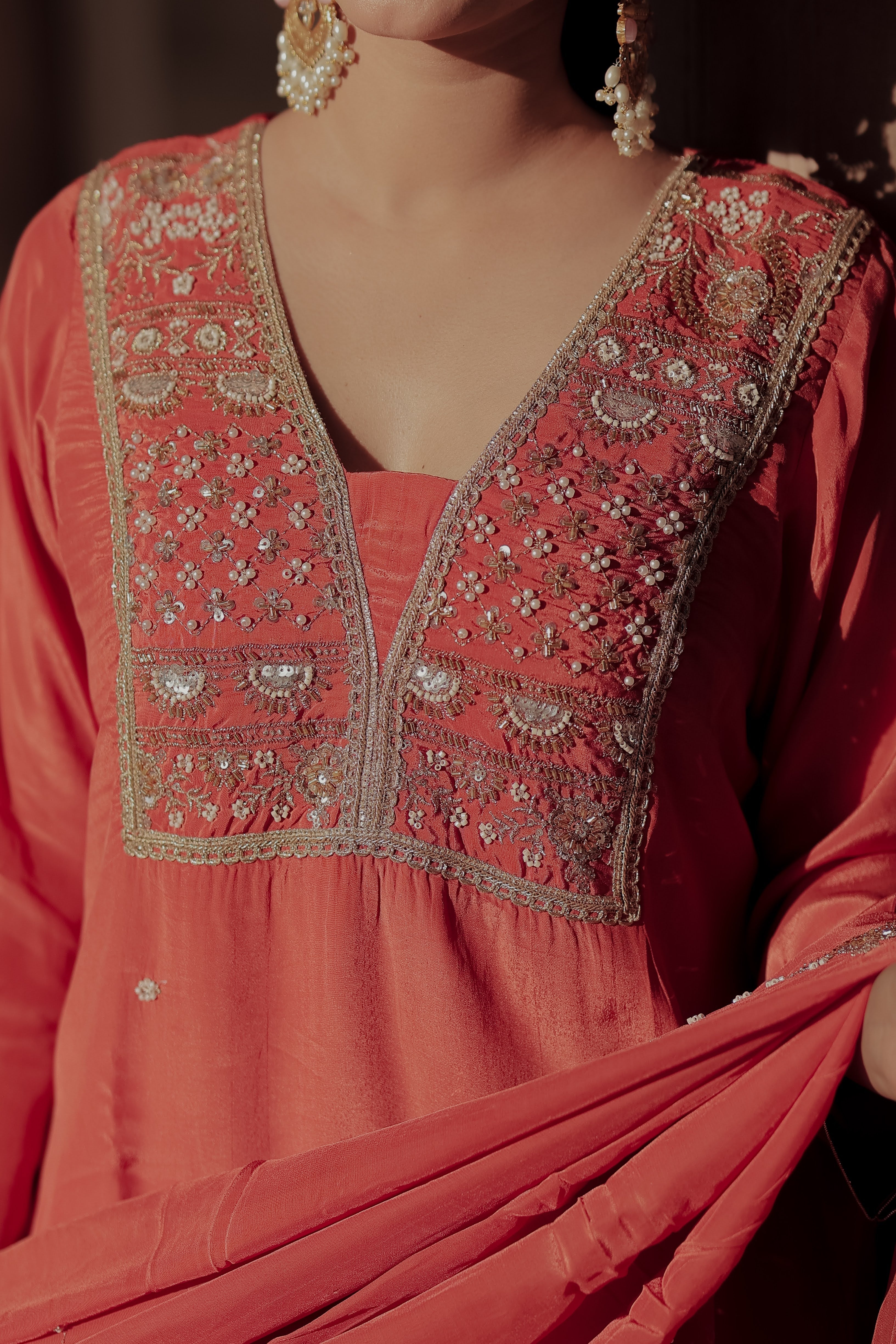 Orange Crepe Silk Suit with Farsi Salwar & Dupatta