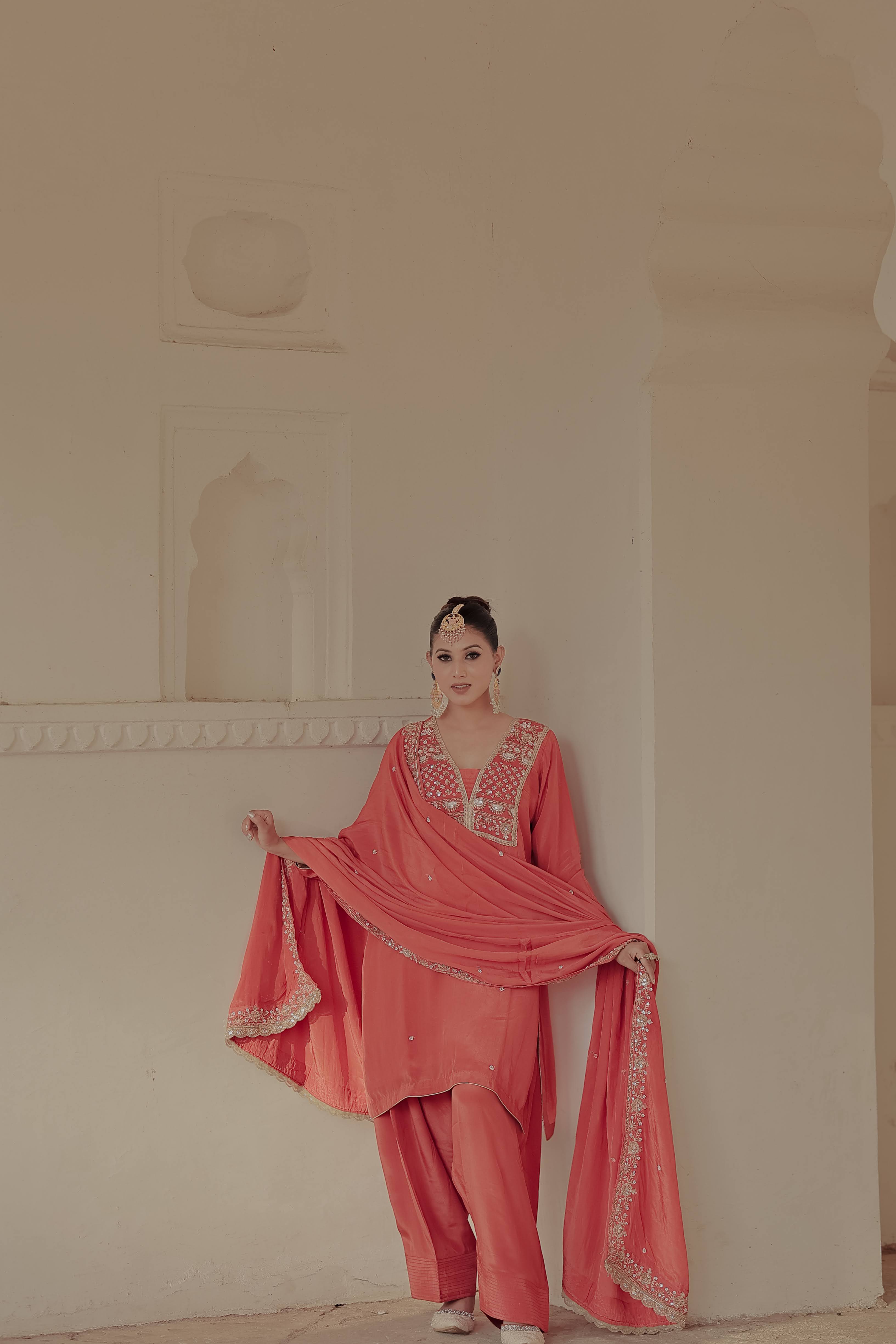 Orange Crepe Silk Suit with Farsi Salwar & Dupatta