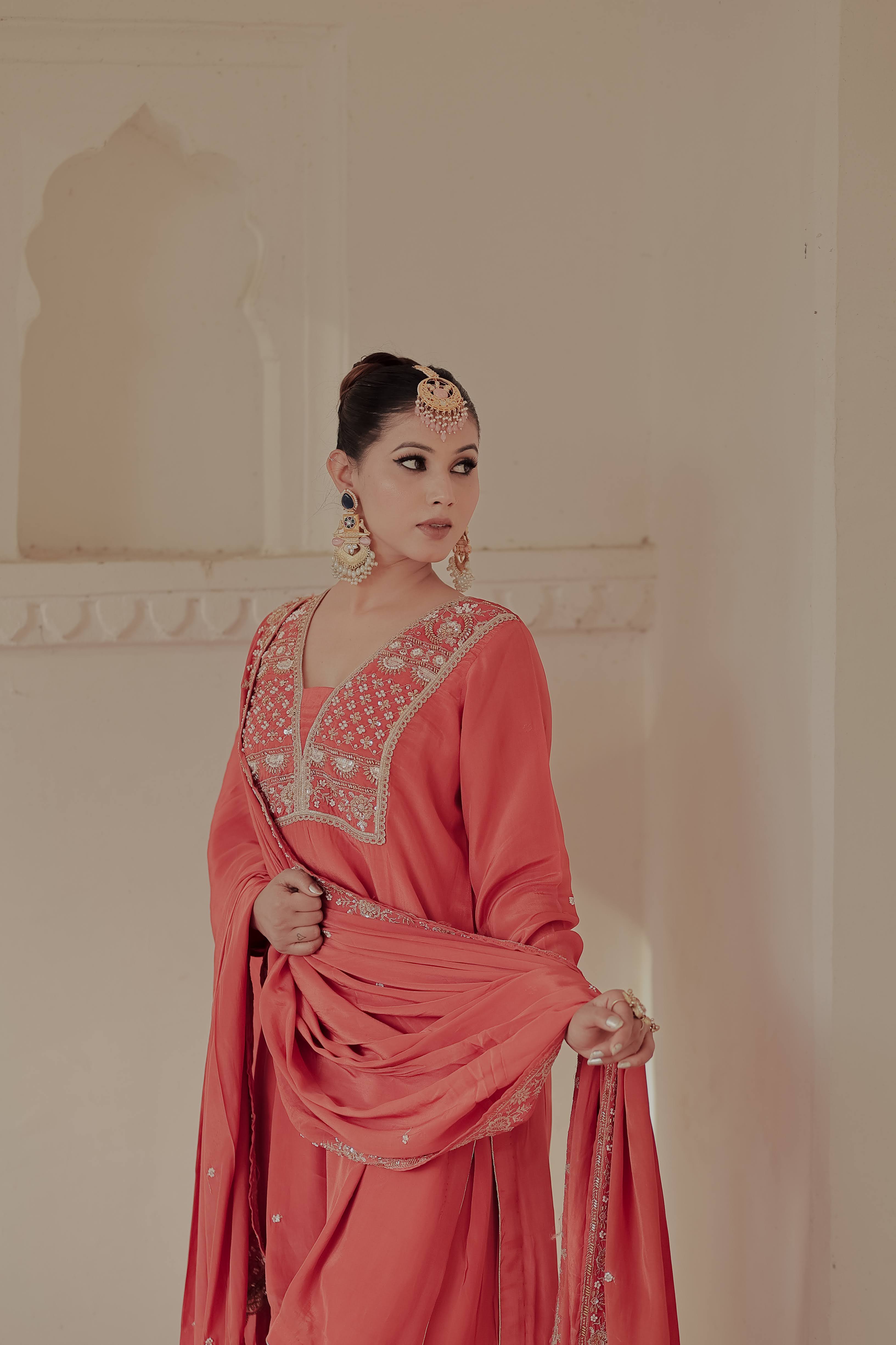 Orange Crepe Silk Suit with Farsi Salwar & Dupatta