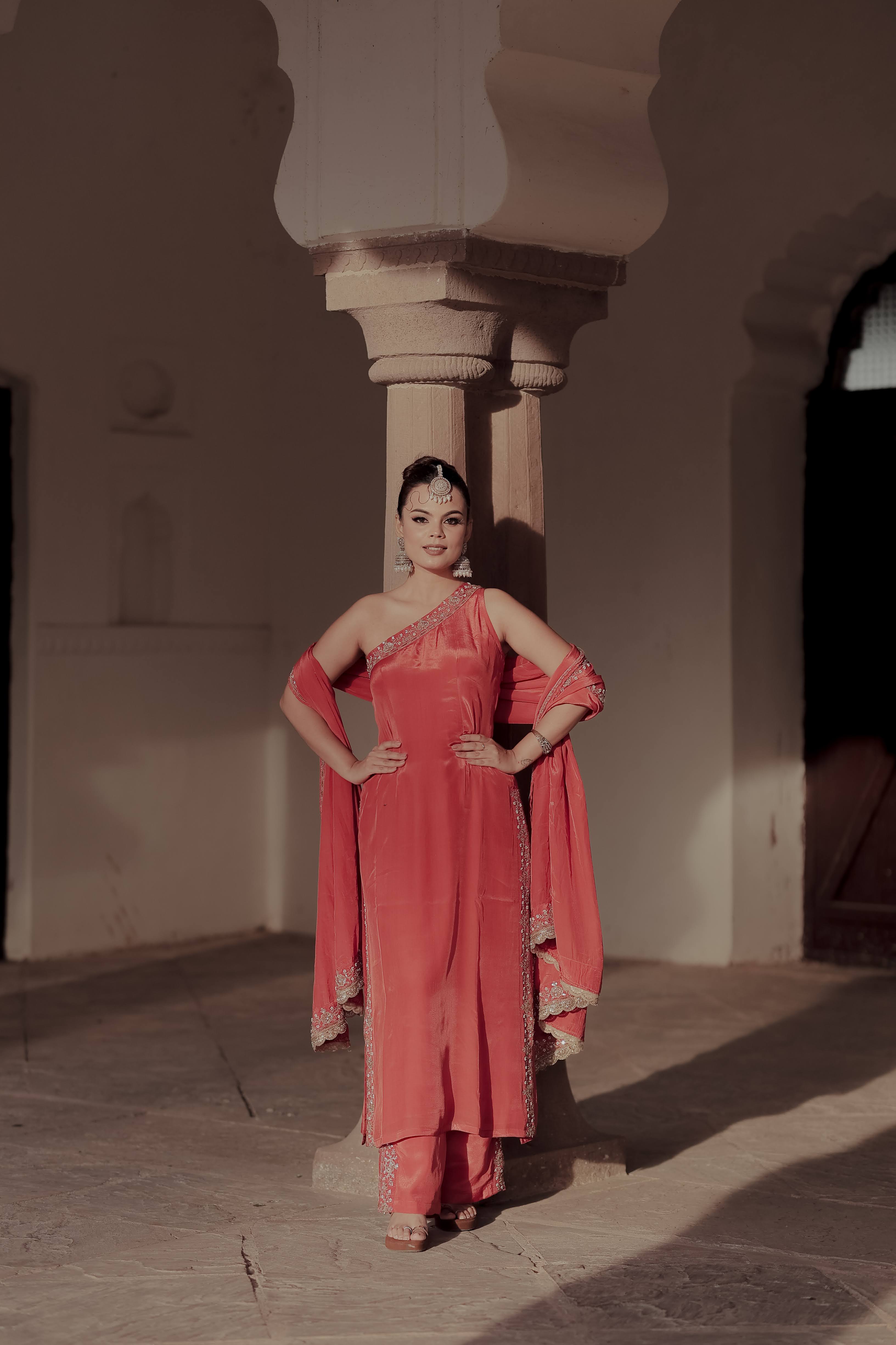 Orange Crepe Silk Off-Shoulder Kurta Pant Set