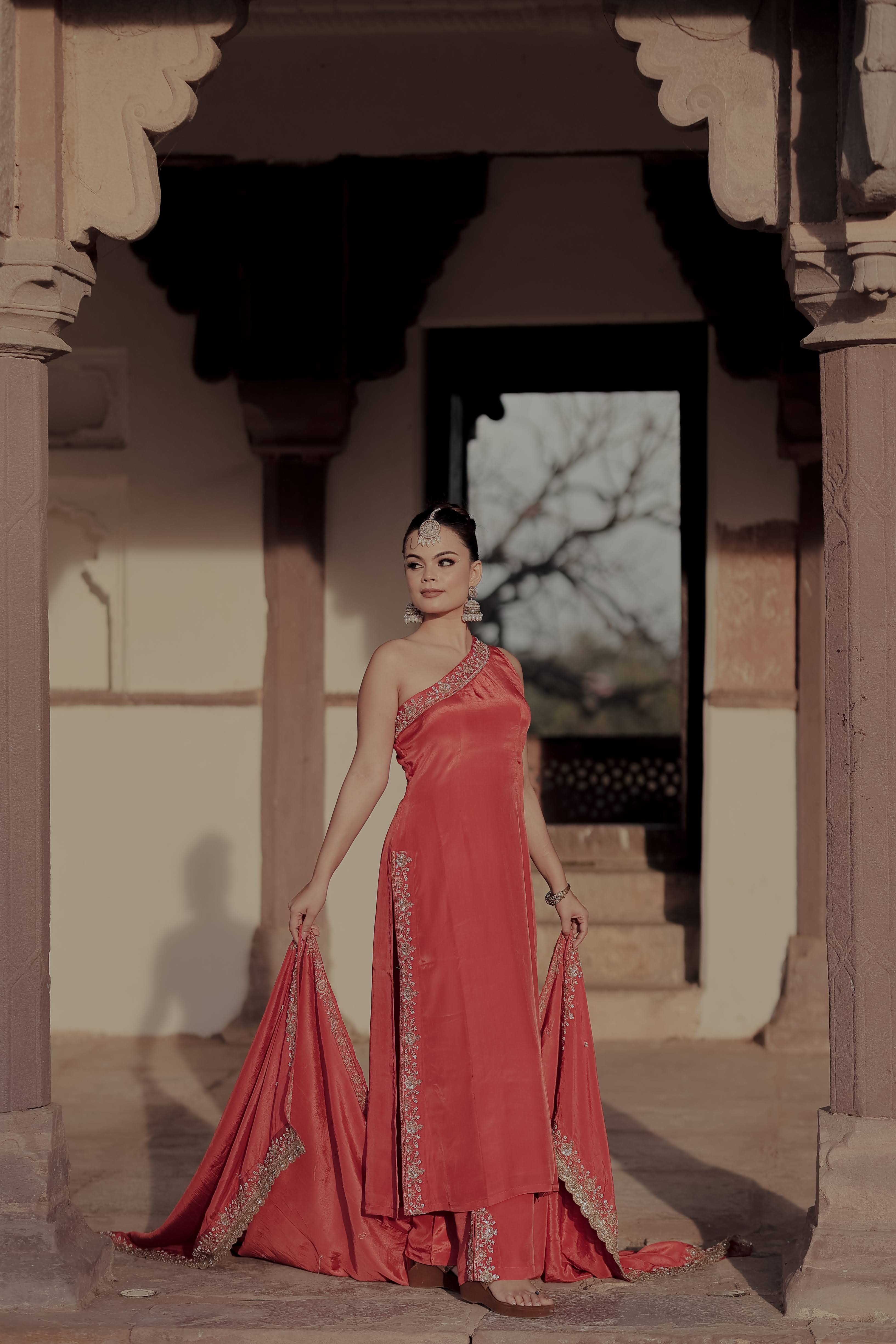 Orange Crepe Silk Off-Shoulder Kurta Pant Set