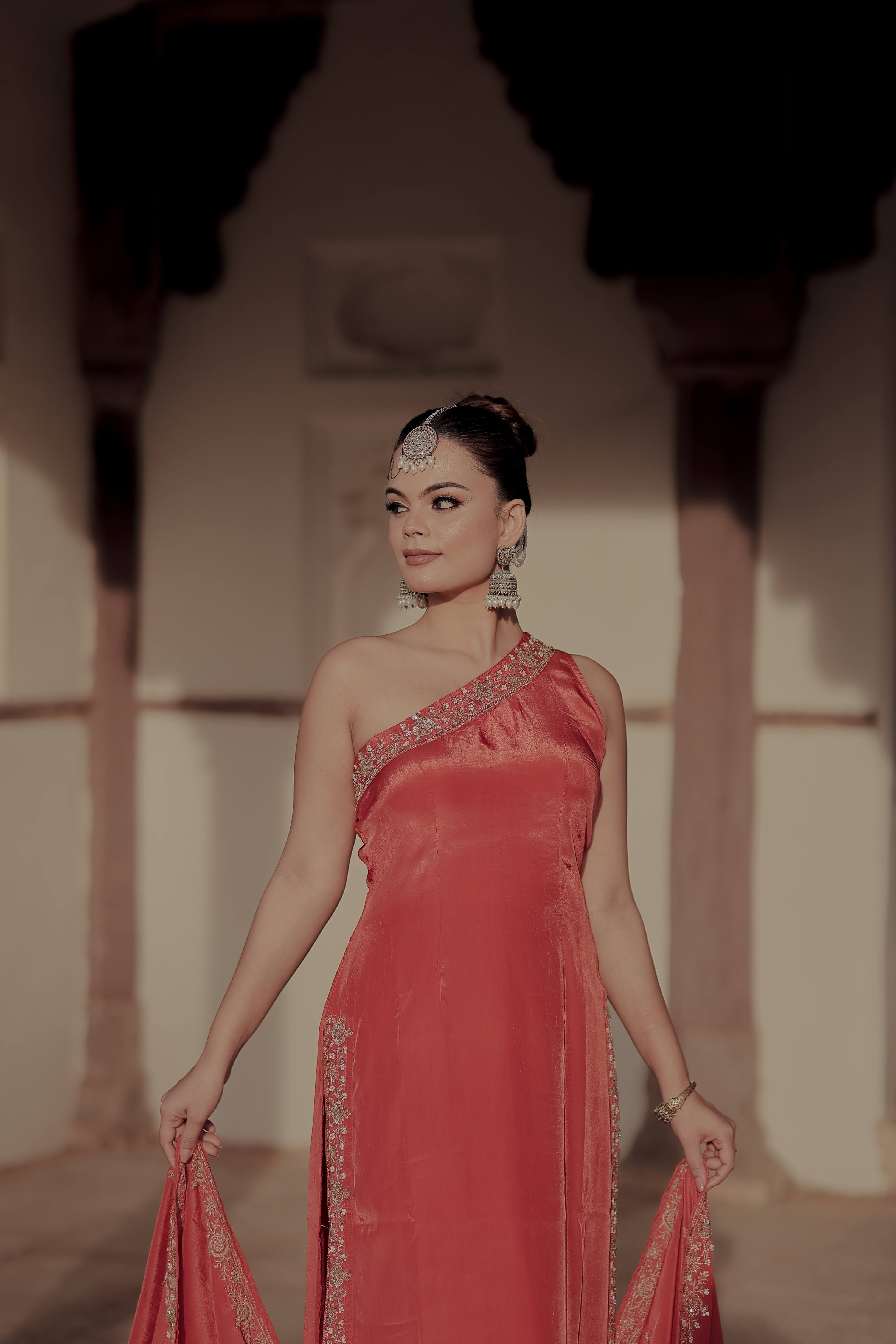 Orange Crepe Silk Off-Shoulder Kurta Pant Set