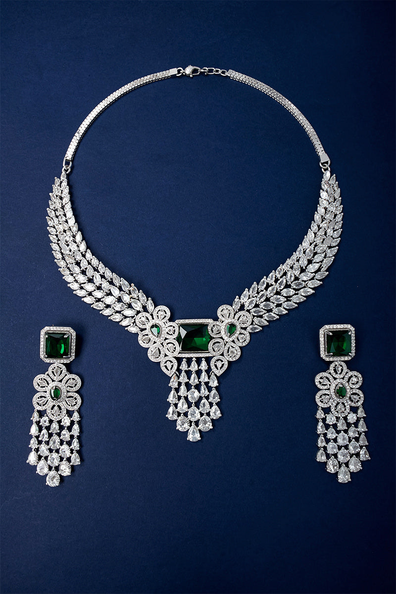 Green Silver Tone American Diamond Necklace Set with Floral Motif