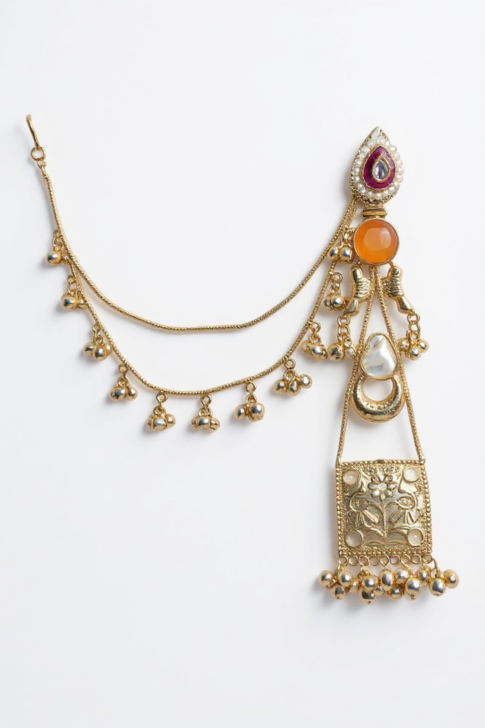 Gold-Tone Statement Earrings with Red Stone Top & Engraved Jhumka Panel with Ghungroo Drops