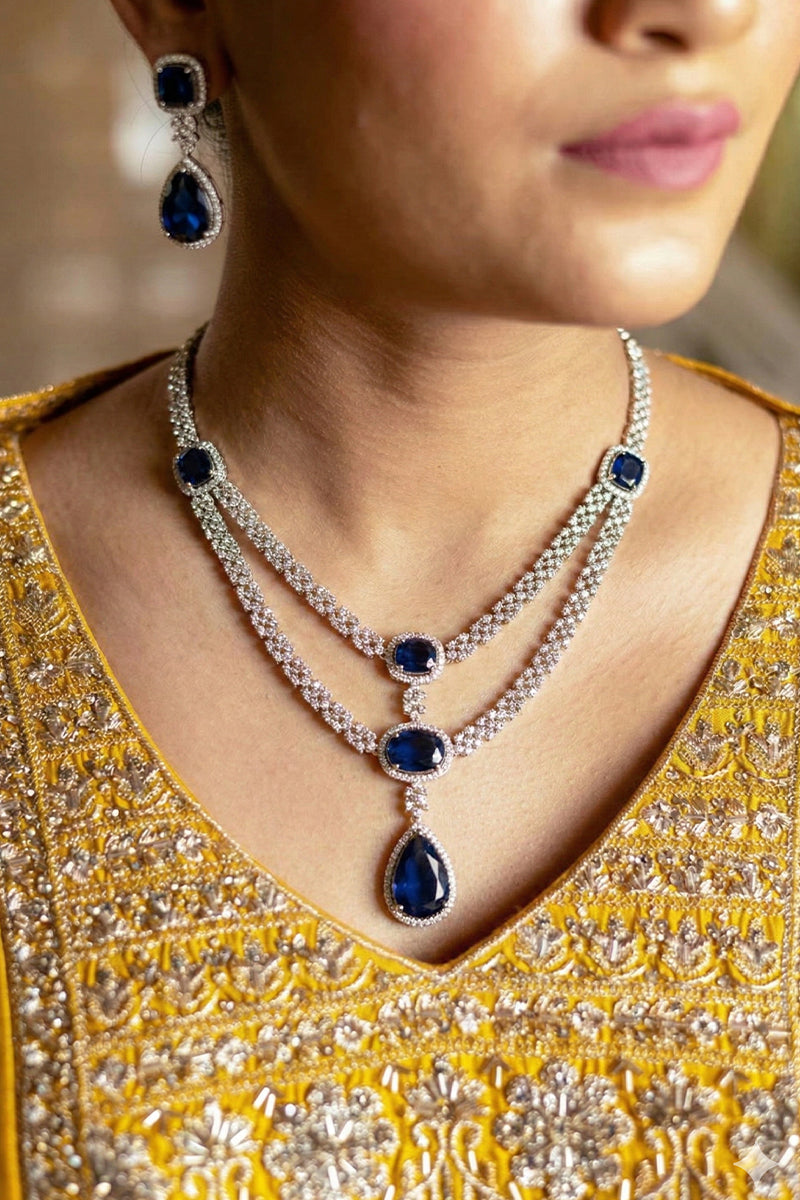 Sapphire Oval-Cut Necklace Set with American Diamond Detailing