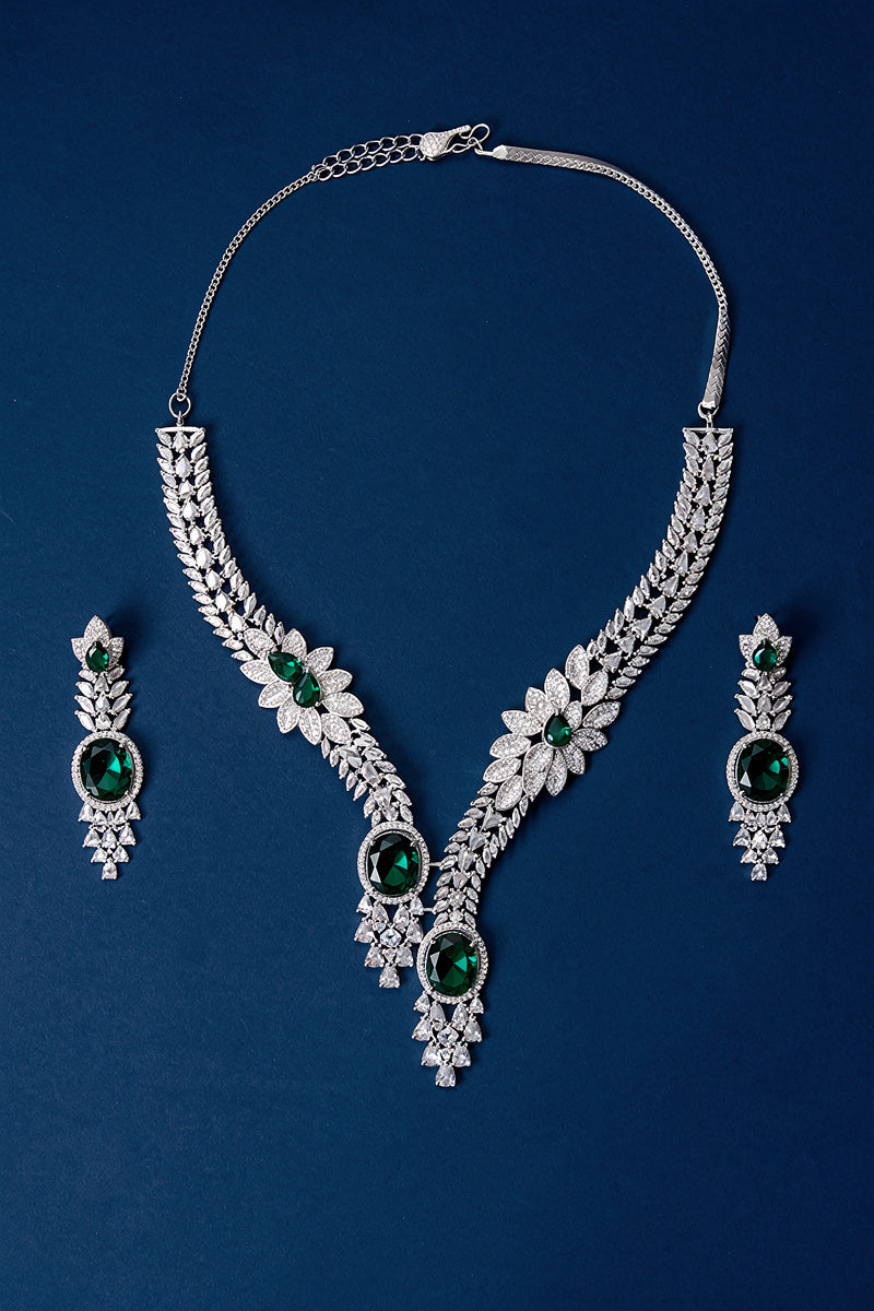 Green Silver-Tone Oval shaped American Diamond Necklace Set with Floral Motif