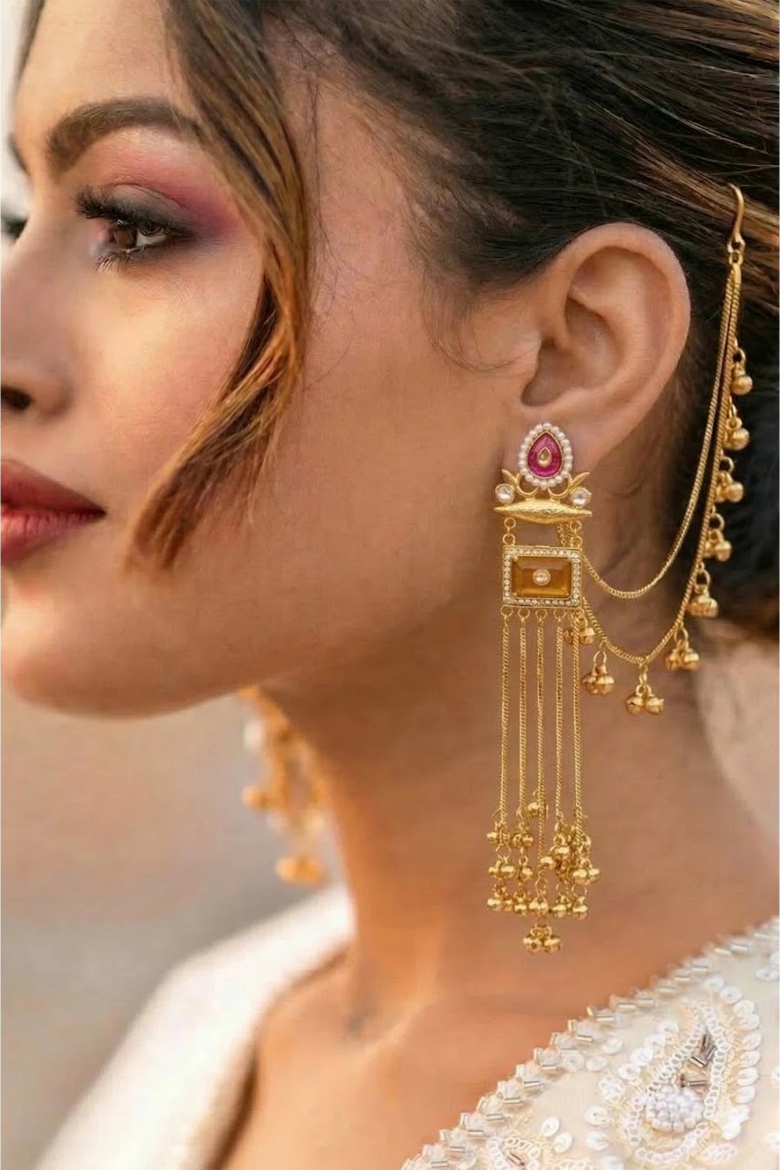 Gold-Tone Long Tassel Earrings with Pink Stone Top & Ghungroo Drops