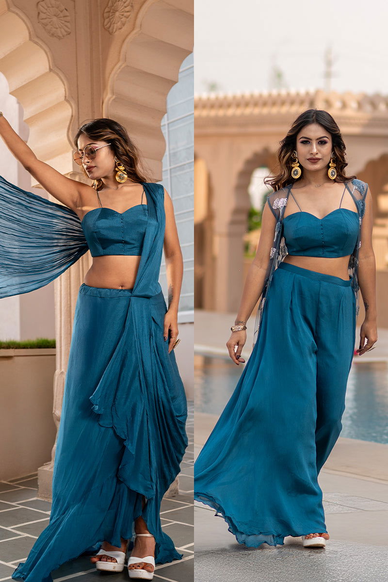 2-Set -Turquoise Blue Pre-Draped Saree, Designer Embroidered Blouse, Palazzo Pants with Matching Blouse, and Net Jacket - Mayrake -