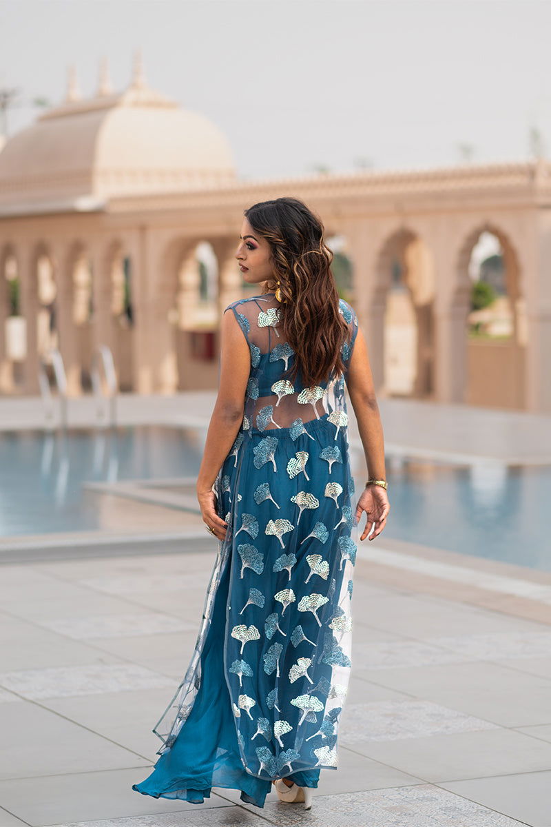 2-Set -Turquoise Blue Pre-Draped Saree, Designer Embroidered Blouse, Palazzo Pants with Matching Blouse, and Net Jacket - Mayrake -