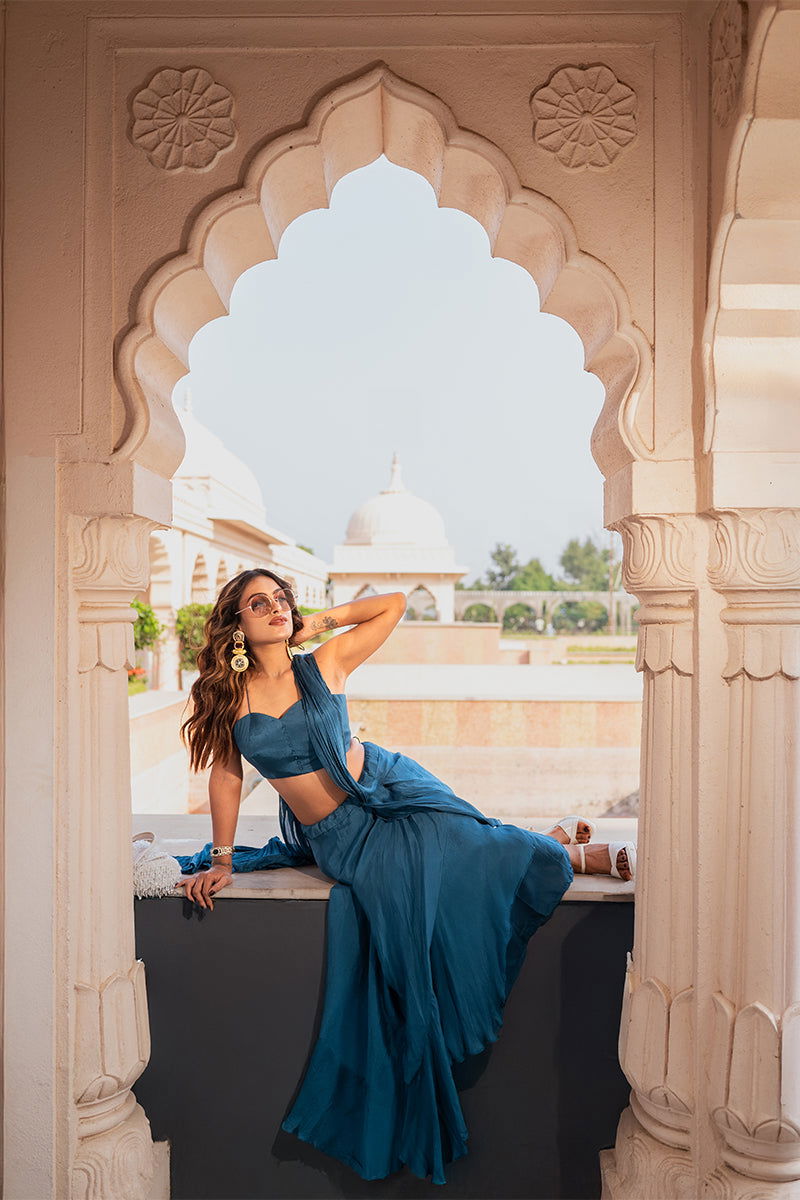 2-Set -Turquoise Blue Pre-Draped Saree, Designer Embroidered Blouse, Palazzo Pants with Matching Blouse, and Net Jacket - Mayrake -