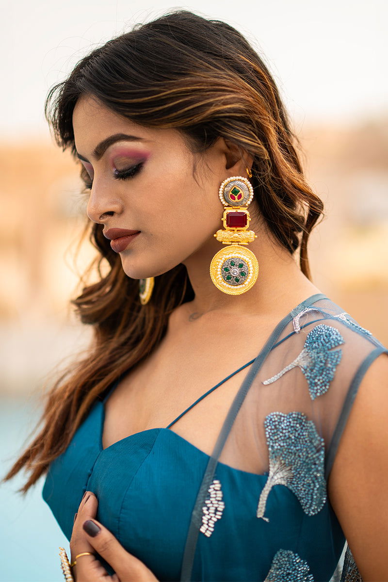 2-Set -Turquoise Blue Pre-Draped Saree, Designer Embroidered Blouse, Palazzo Pants with Matching Blouse, and Net Jacket - Mayrake -