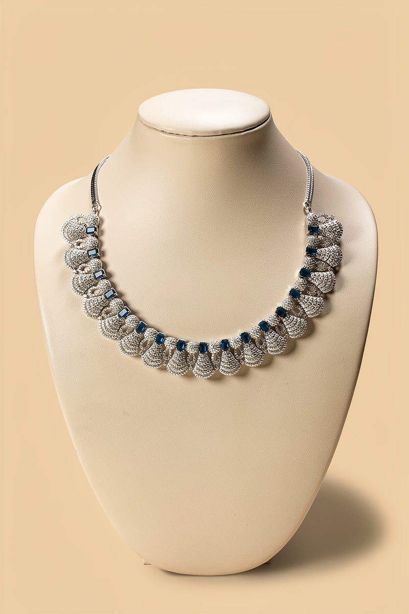 Midnight Blue Square-Cut Stone Necklace Set with Layered Diamond Fan Motif