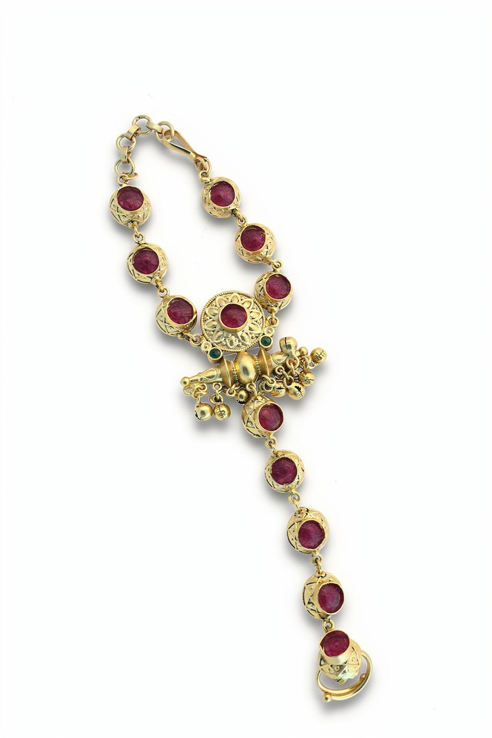 Royal Red Stone Golden Hathphool Bracelet with Jhumka Drop