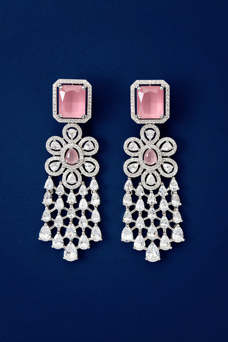 Pink Silver Tone American Diamond Necklace Set with Floral Motif