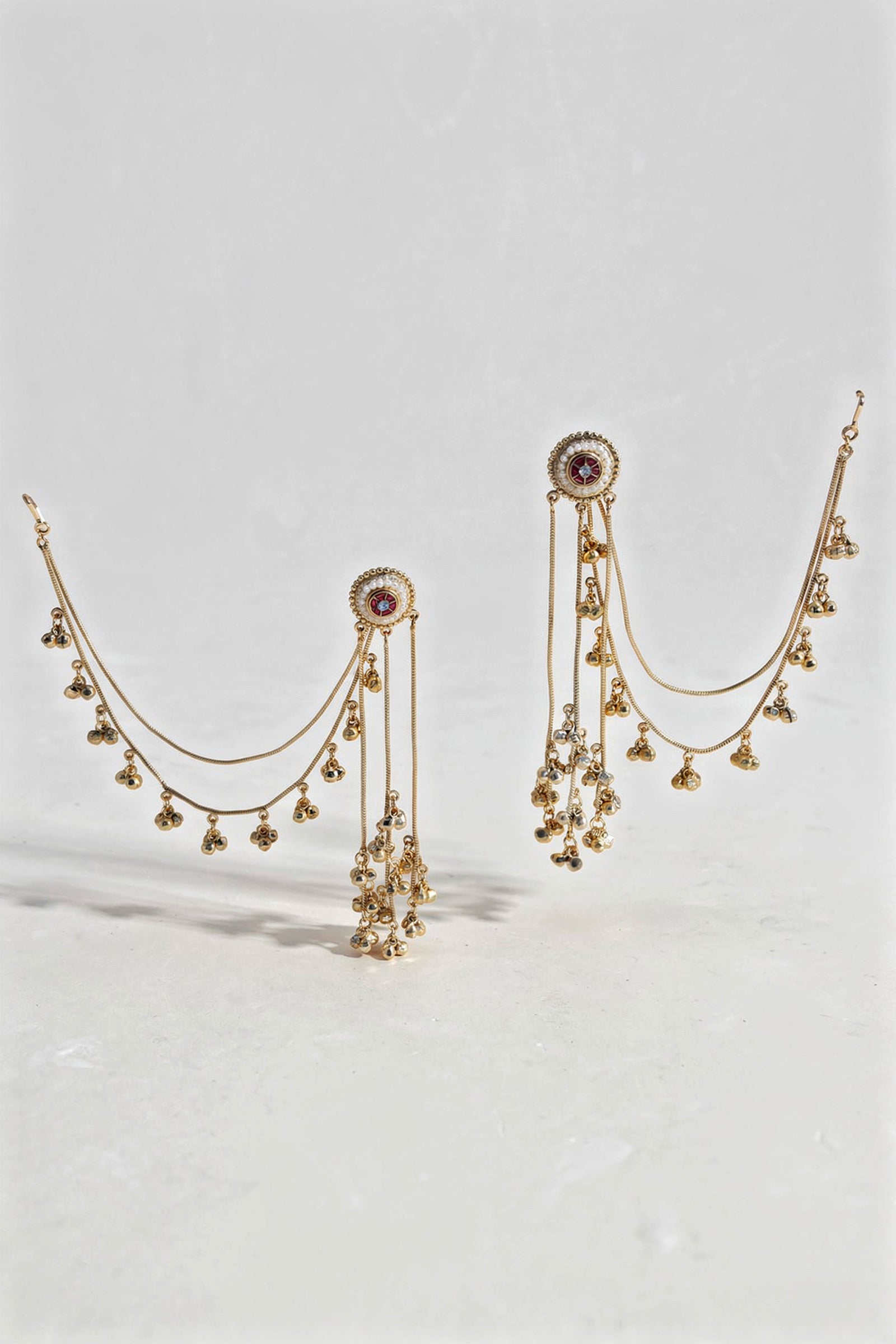 Gold-Tone Temple Earrings with Pearl Drops & Goddess Motif