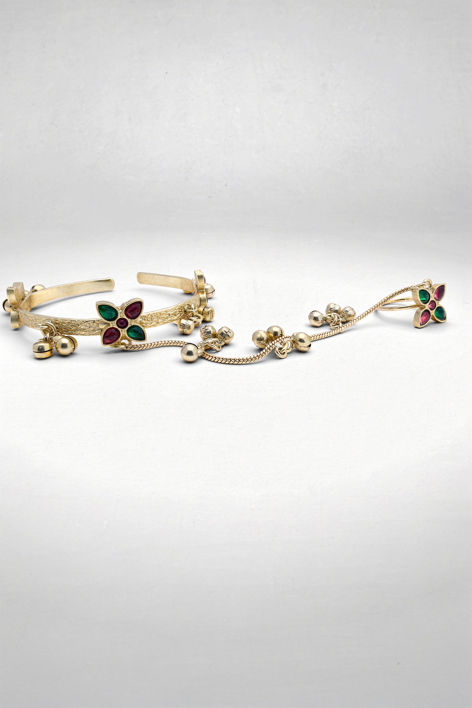 Royal Red & Green Stone Golden Hathphool Bracelet with Ring