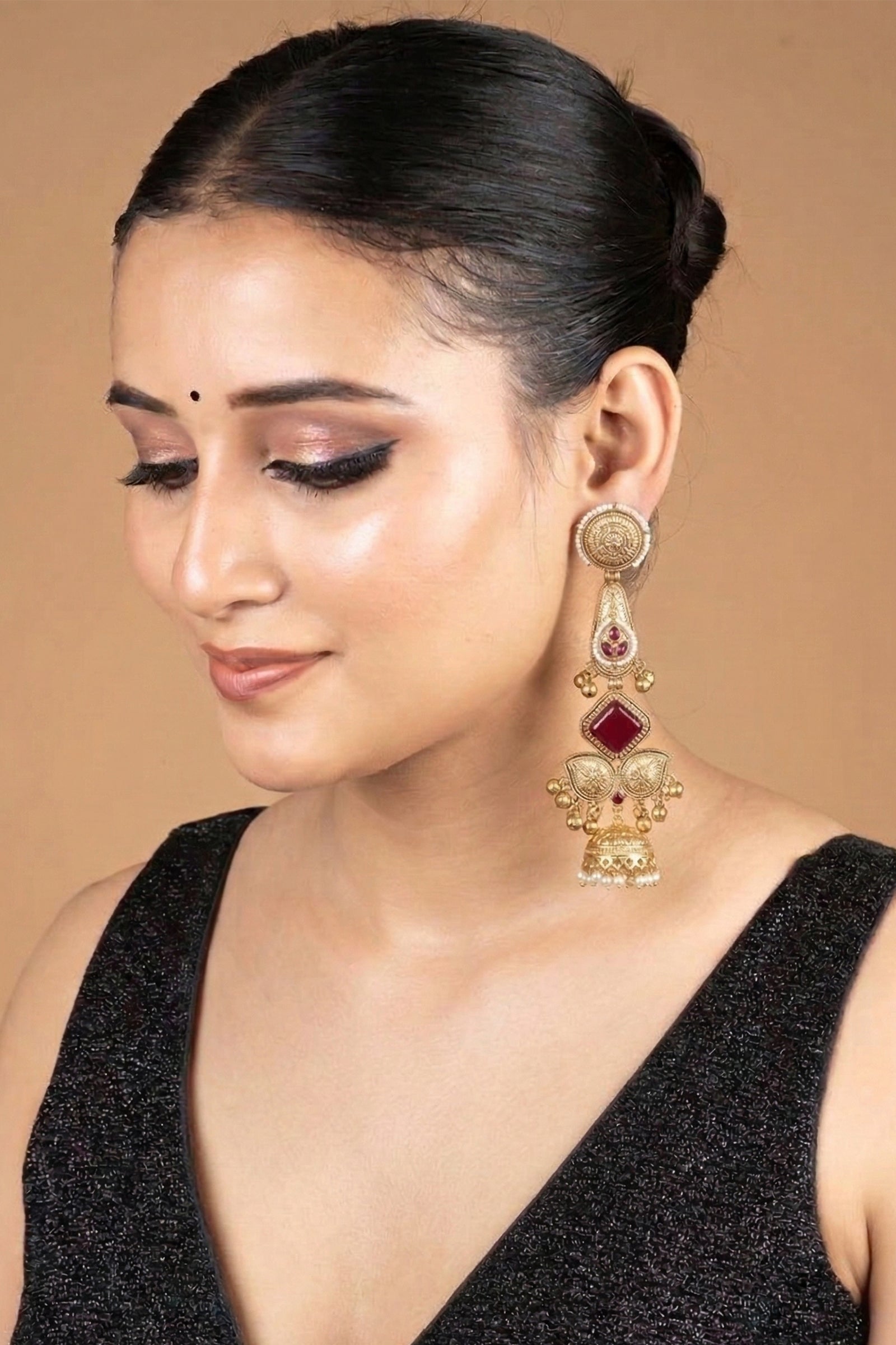 Red Stone Jhumka Earrings with Multi-Layer Pearl Chains