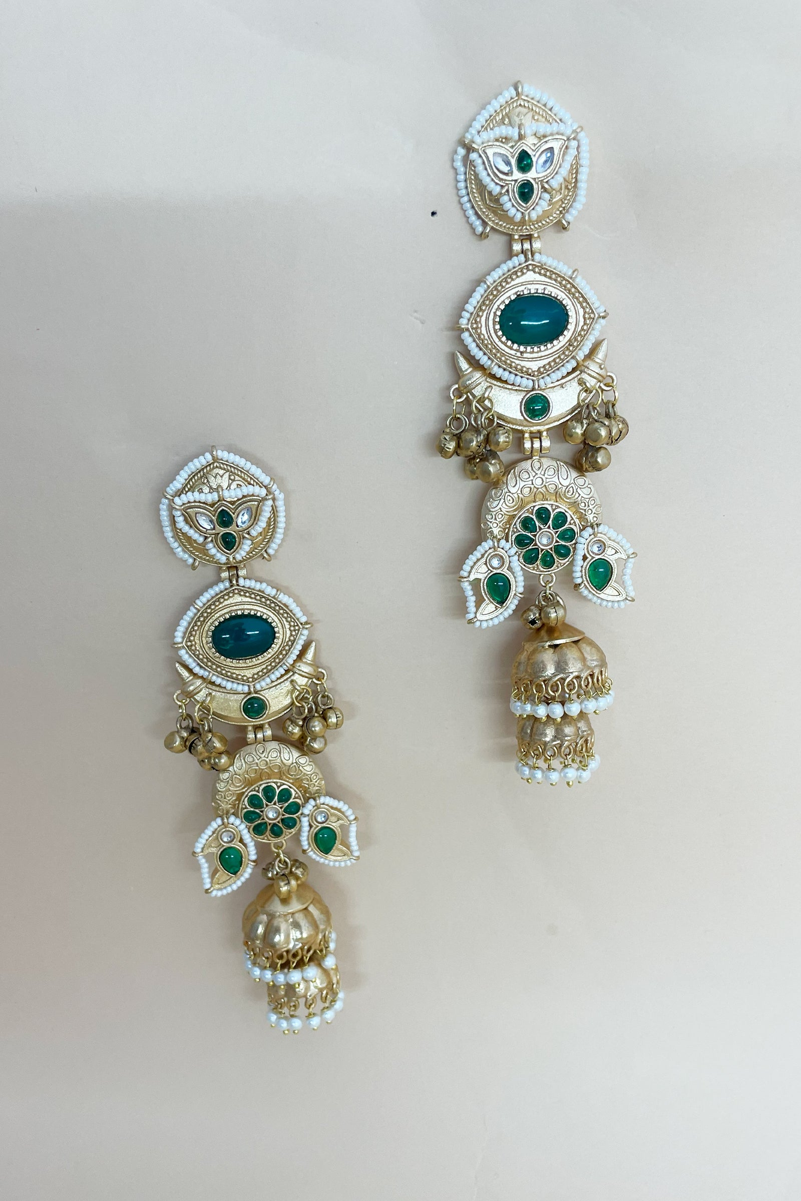 Royal Green Stone Golden Jhumka Earrings with Kanoti Chain