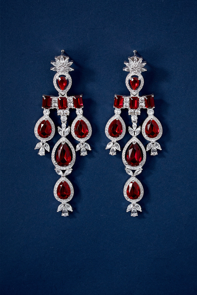 Royal Ruby Teardrop Diamond-Studded Statement Necklace with Cascading Drop Design