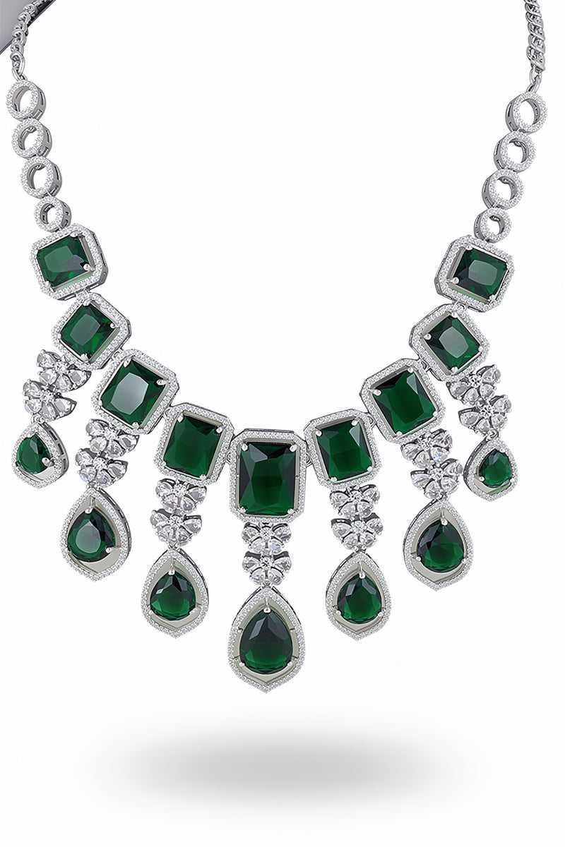 Emerald Stone Choker Necklace Set with Crystal Drop Detailing