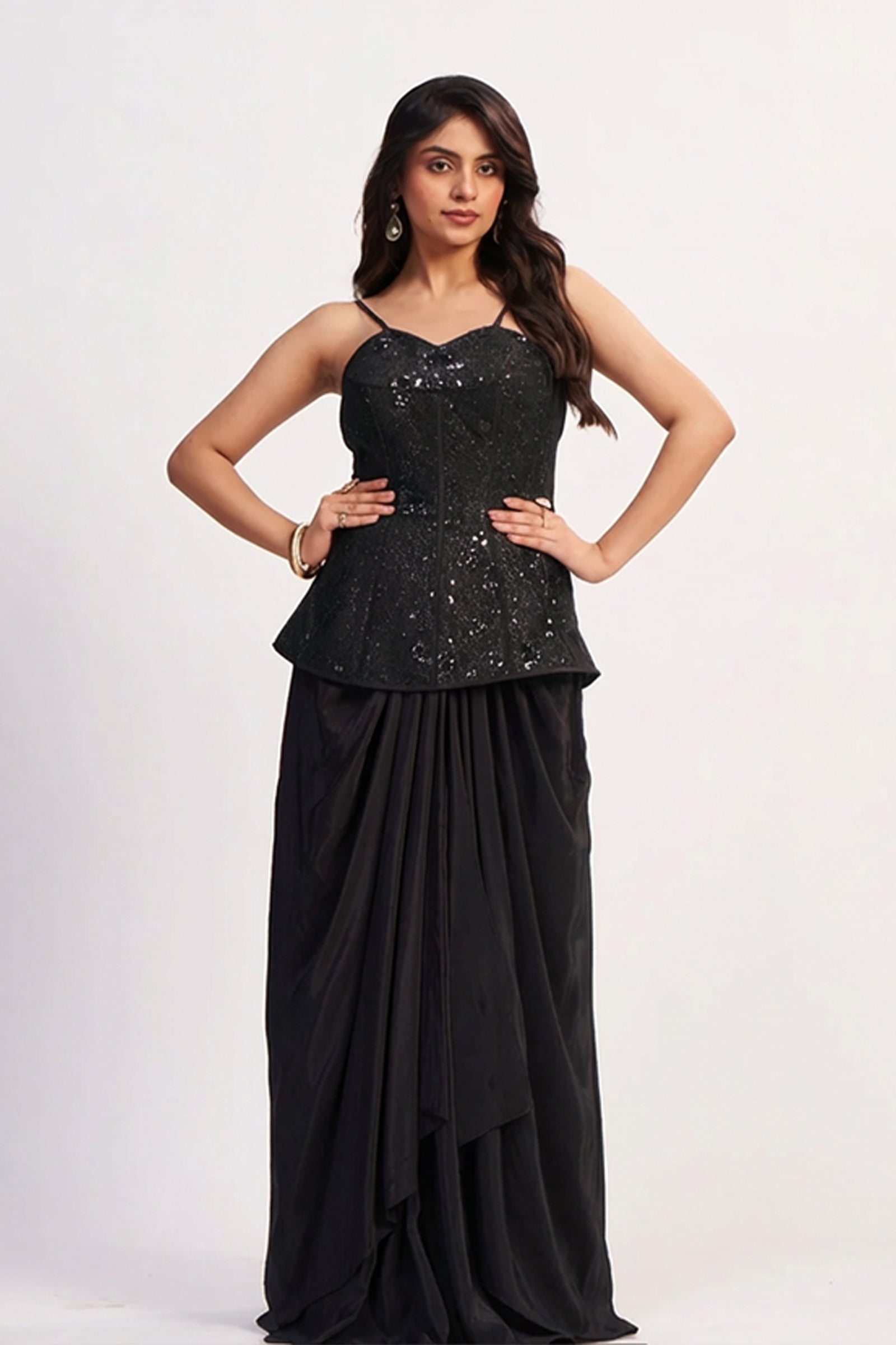 Black Crepe Silk Ready-to-Wear Drape Saree with Hand-Embroidered Sequin Corset Top