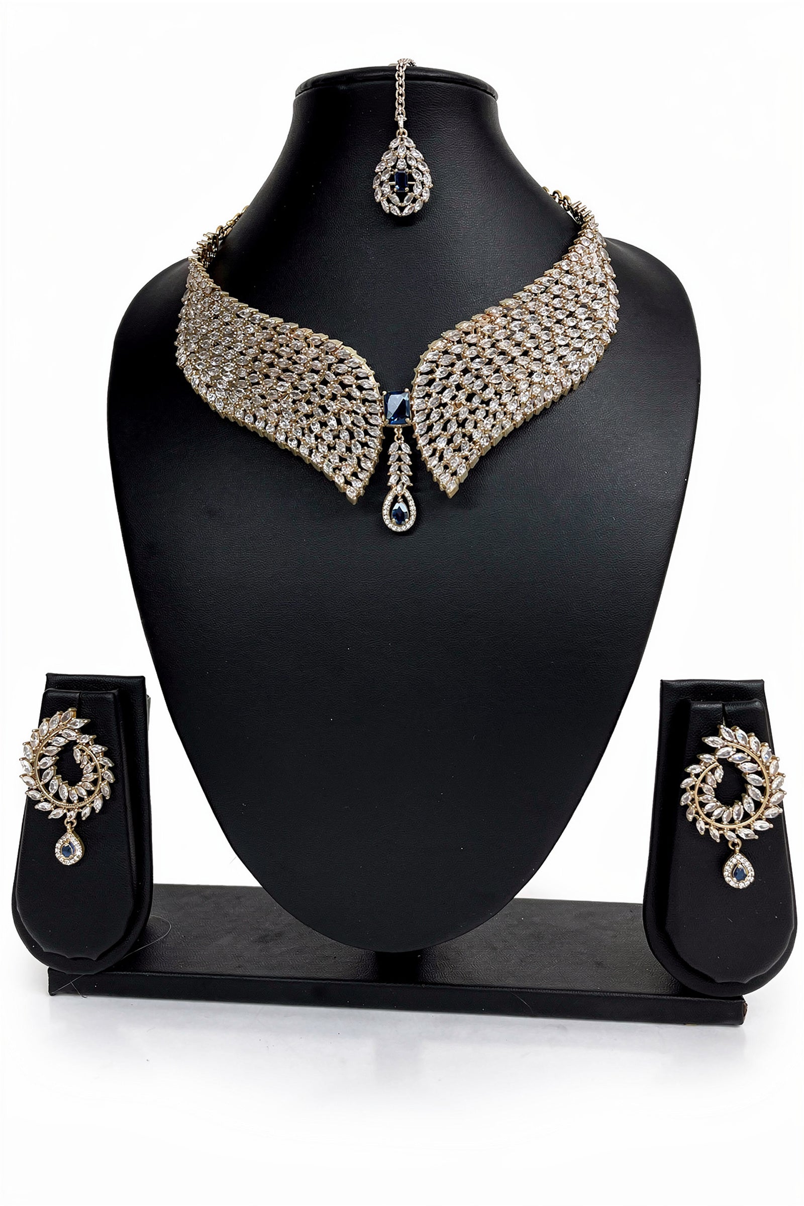 Gold Curved Diamond Collar Necklace with Midnight Blue Center Stone & Matching Stud Earrings