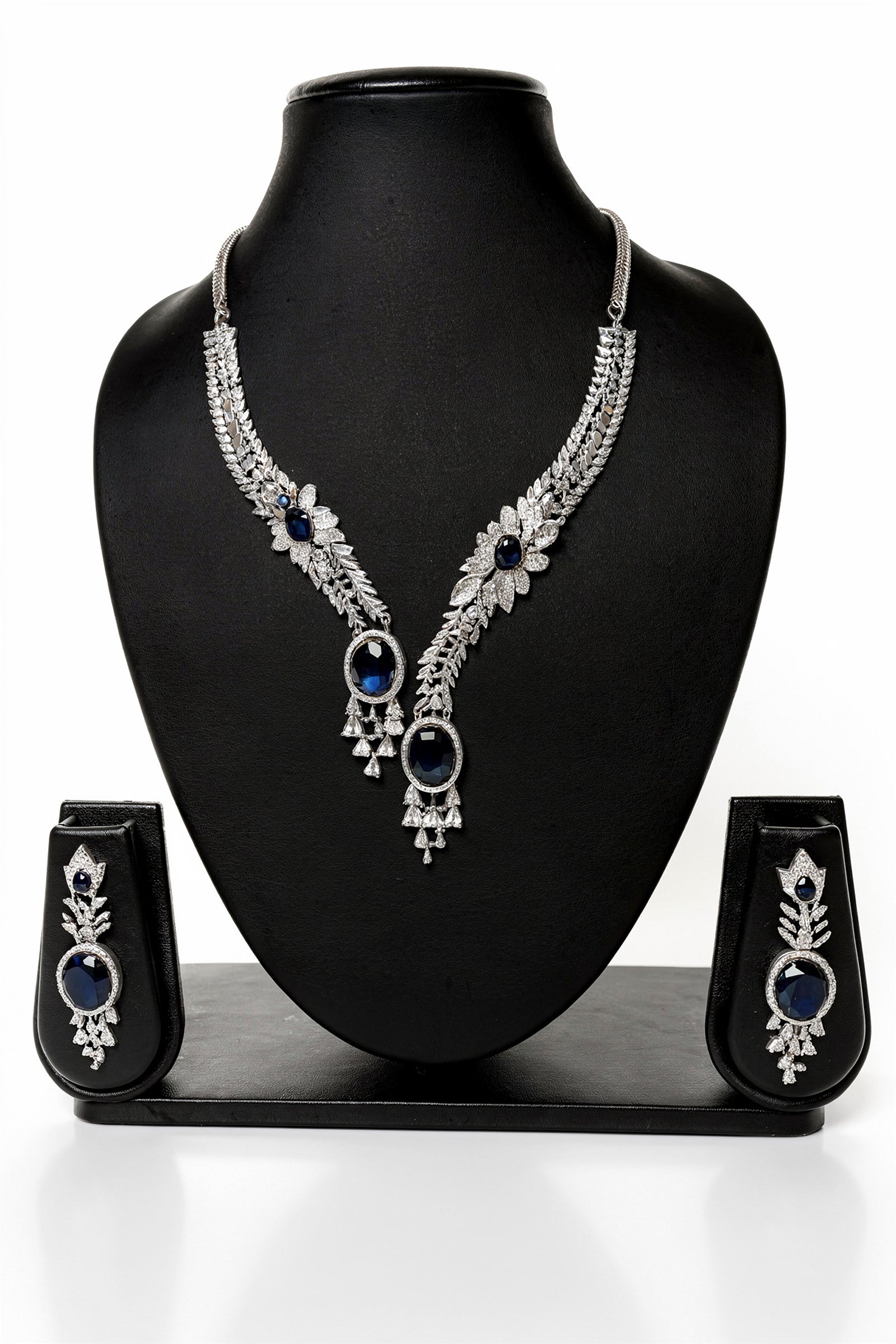Blue & Silver-Tone Oval shaped American Diamond Necklace Set with Floral Motif