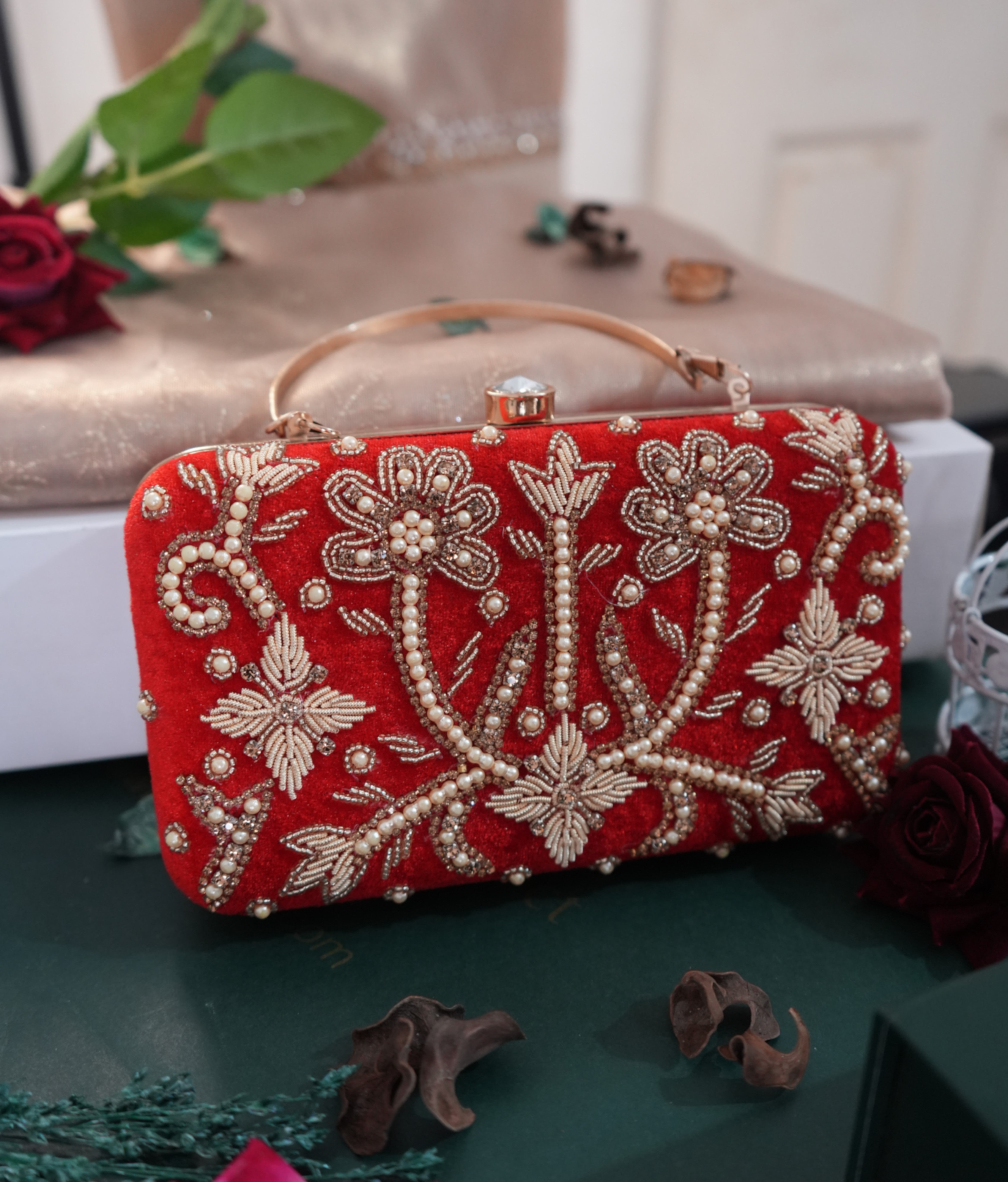 Handcrafted Red Velvet Zardosi Clutch with Pearls & Handle