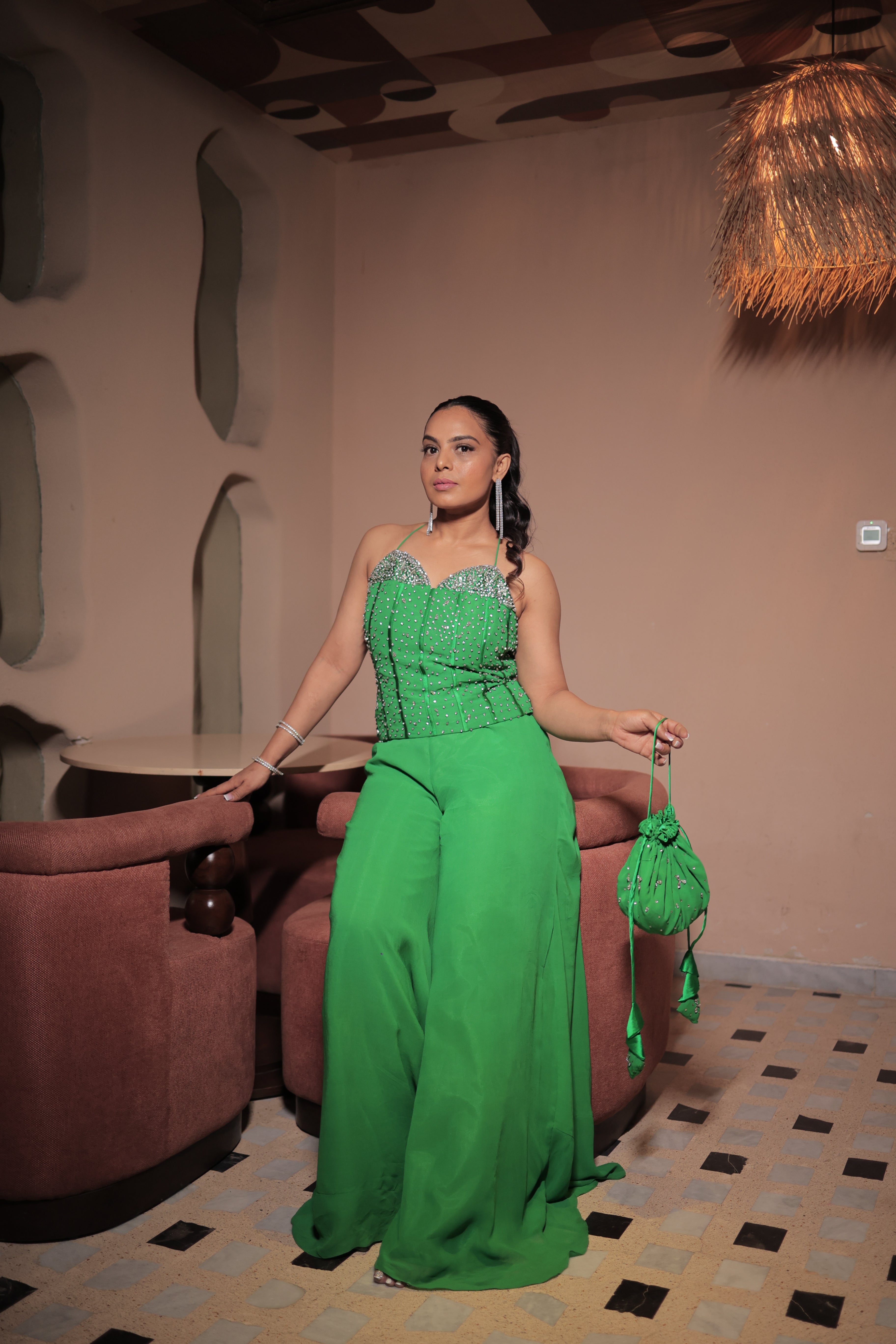 Hand-Embroidered Green Georgette Cord-Set Suit with Swarovski Stone Work & Matching Potli