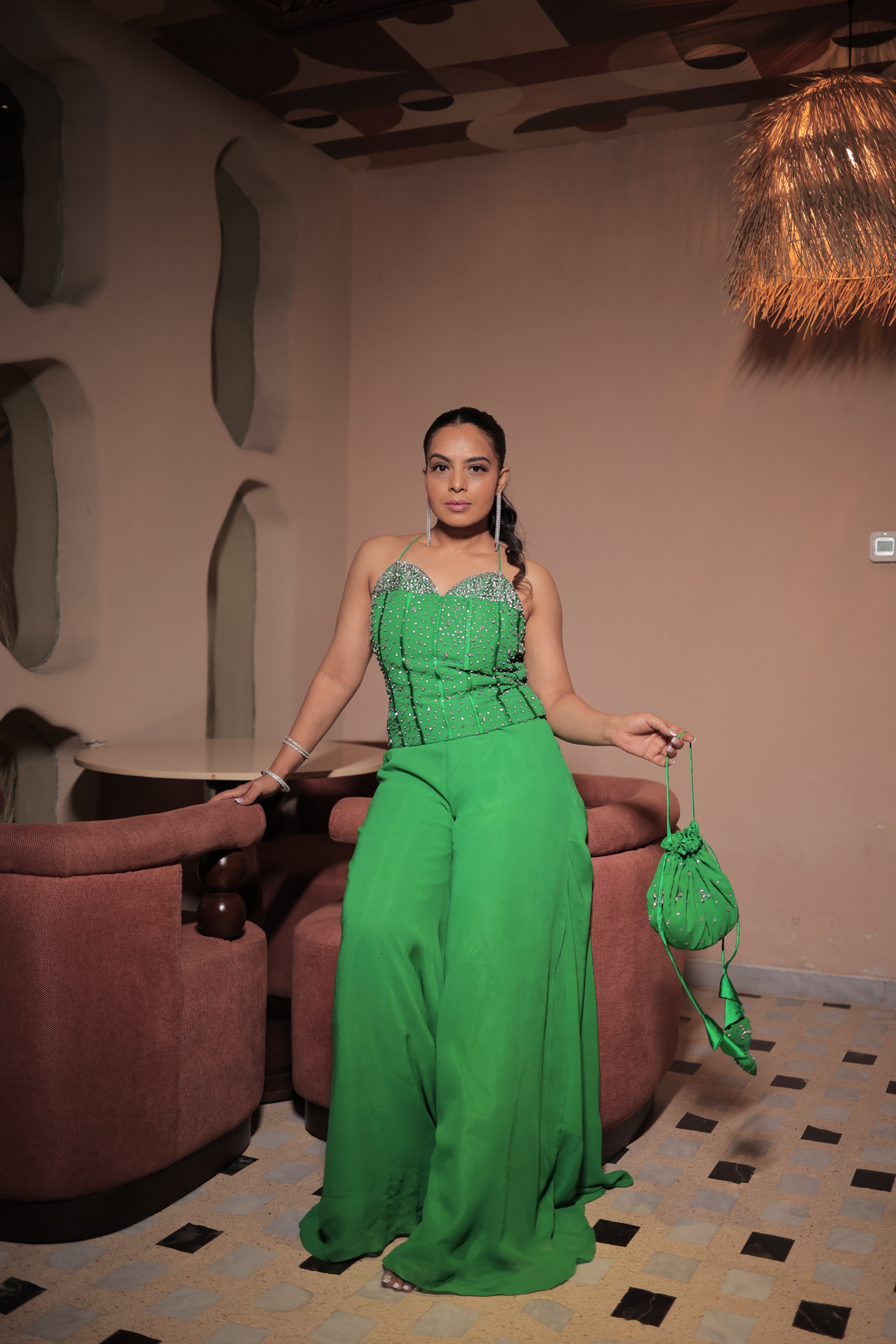 Hand-Embroidered Green Georgette Cord-Set Suit with Swarovski Stone Work & Matching Potli