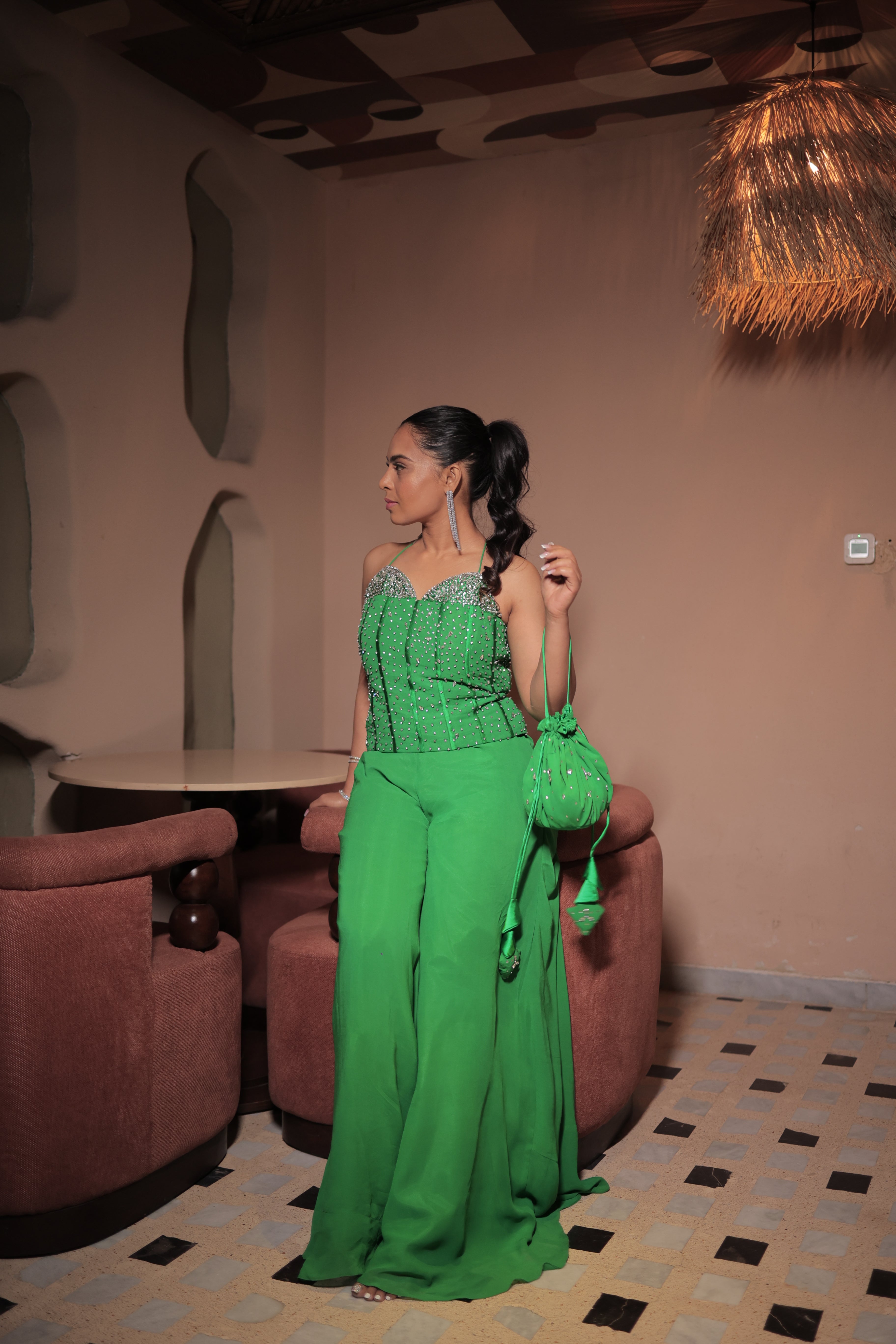 Hand-Embroidered Green Georgette Cord-Set Suit with Swarovski Stone Work & Matching Potli