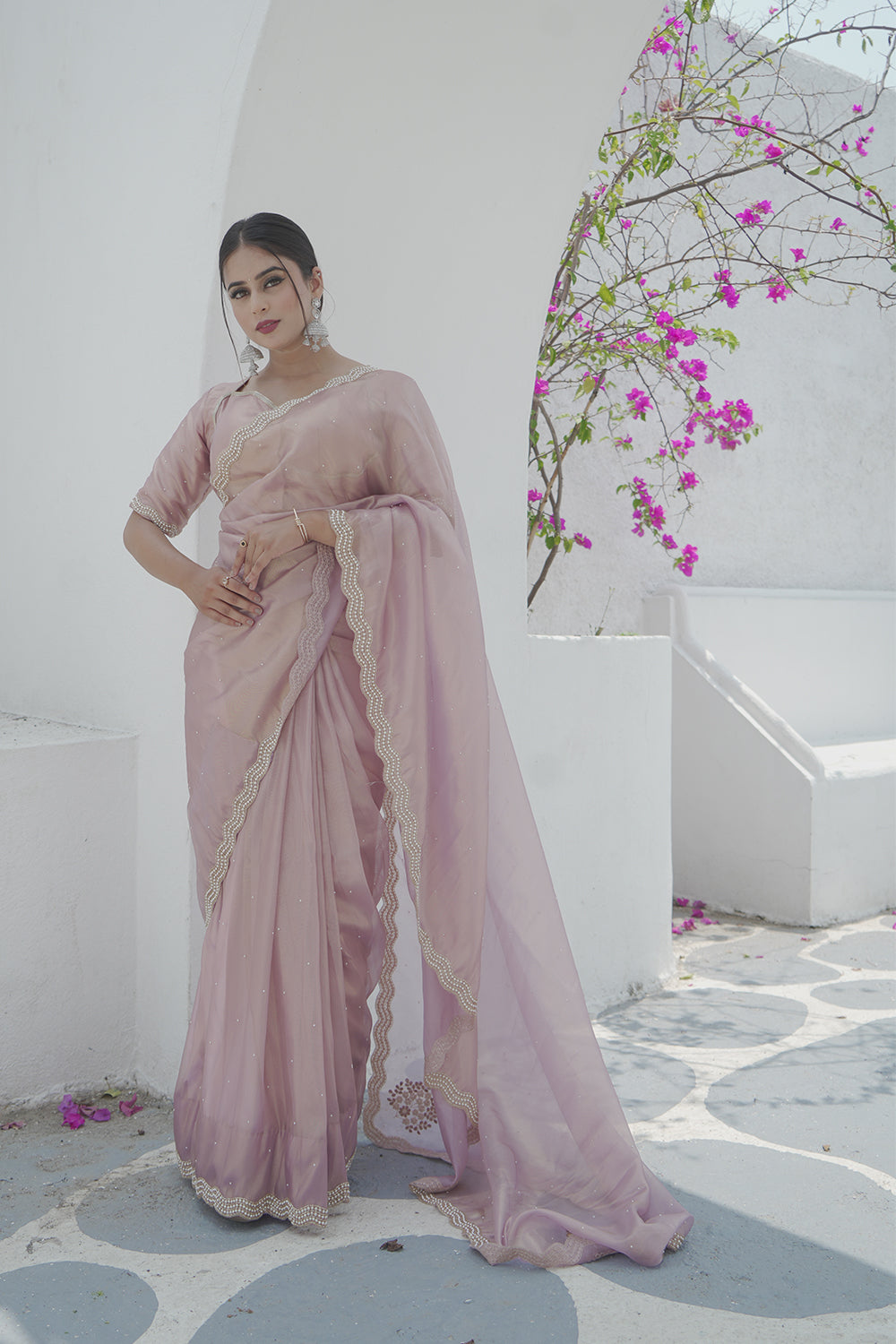 Lavender purple Organza Shimmer saree with pearl and sequin border