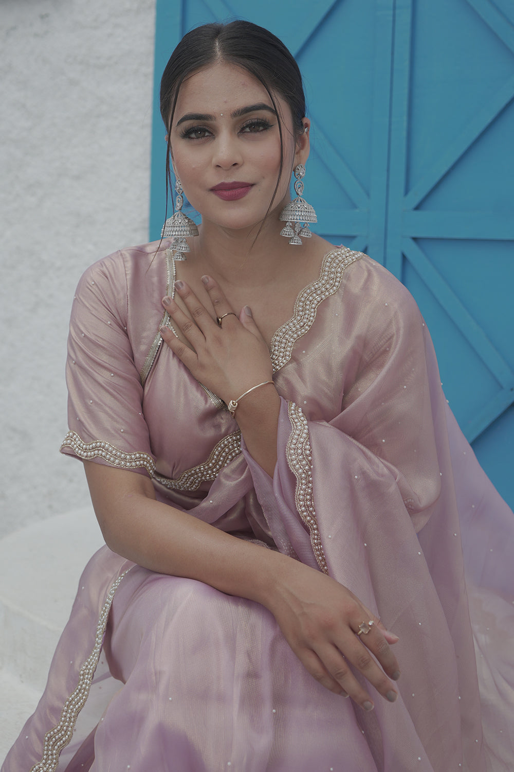 Lavender purple Organza Shimmer saree with pearl and sequin border