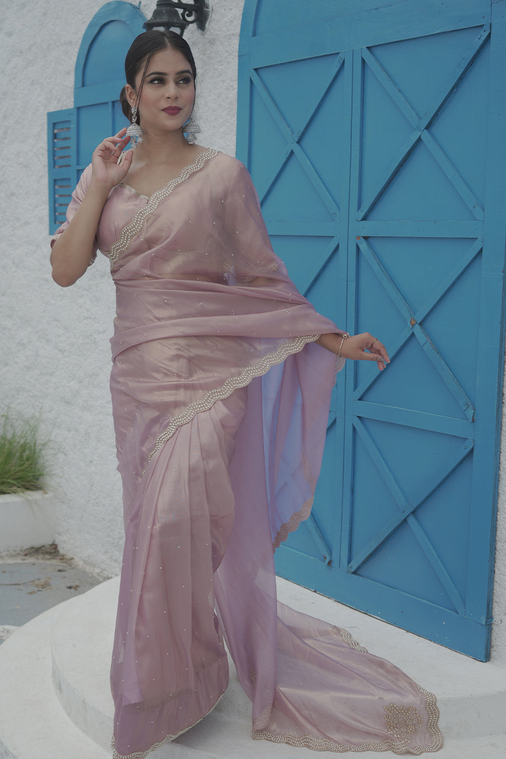 Lavender purple Organza Shimmer saree with pearl and sequin border