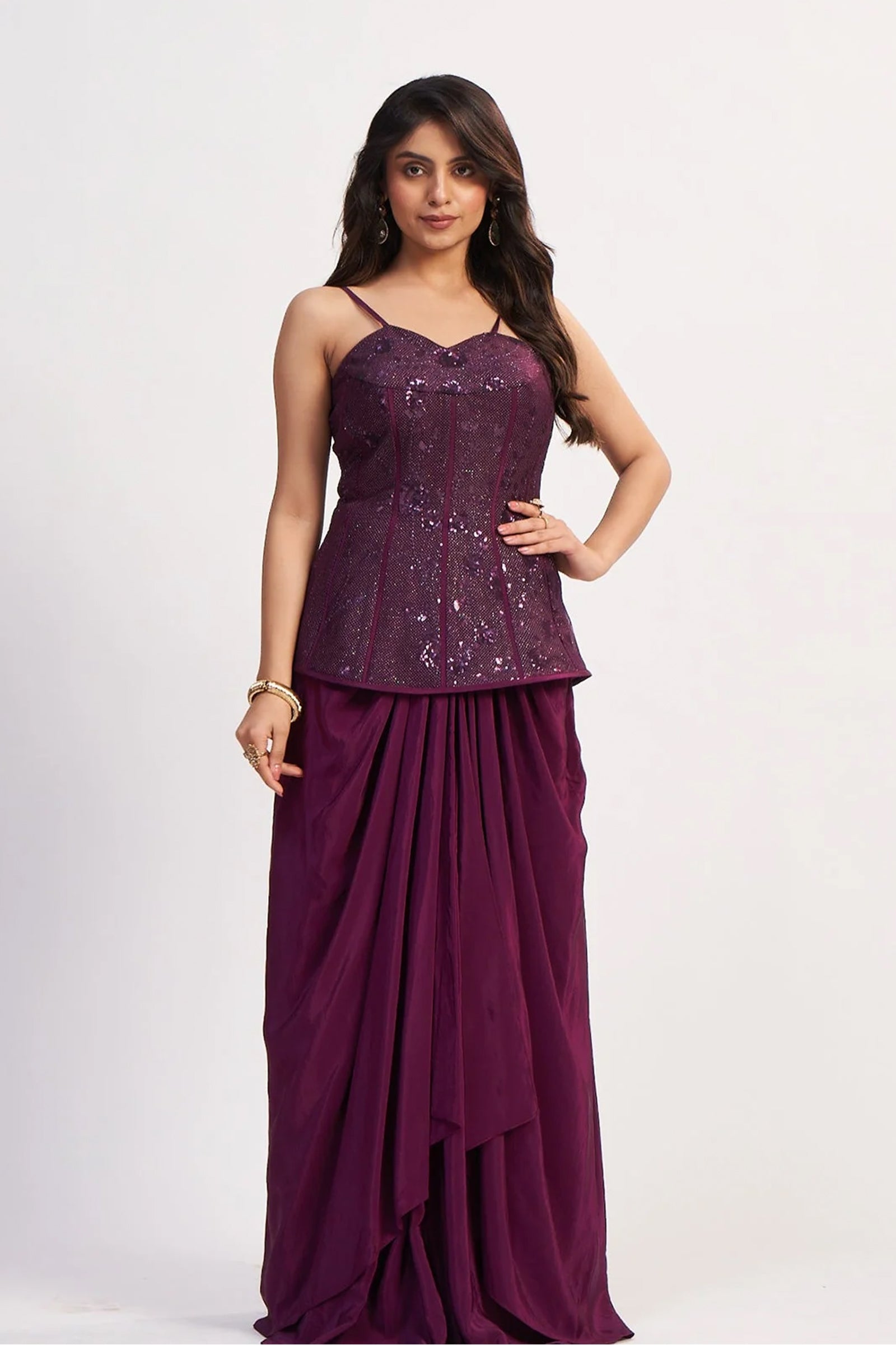 Wine Crepe Silk Ready-to-Wear Drape Saree with Hand-Embroidered Sequin Corset Top