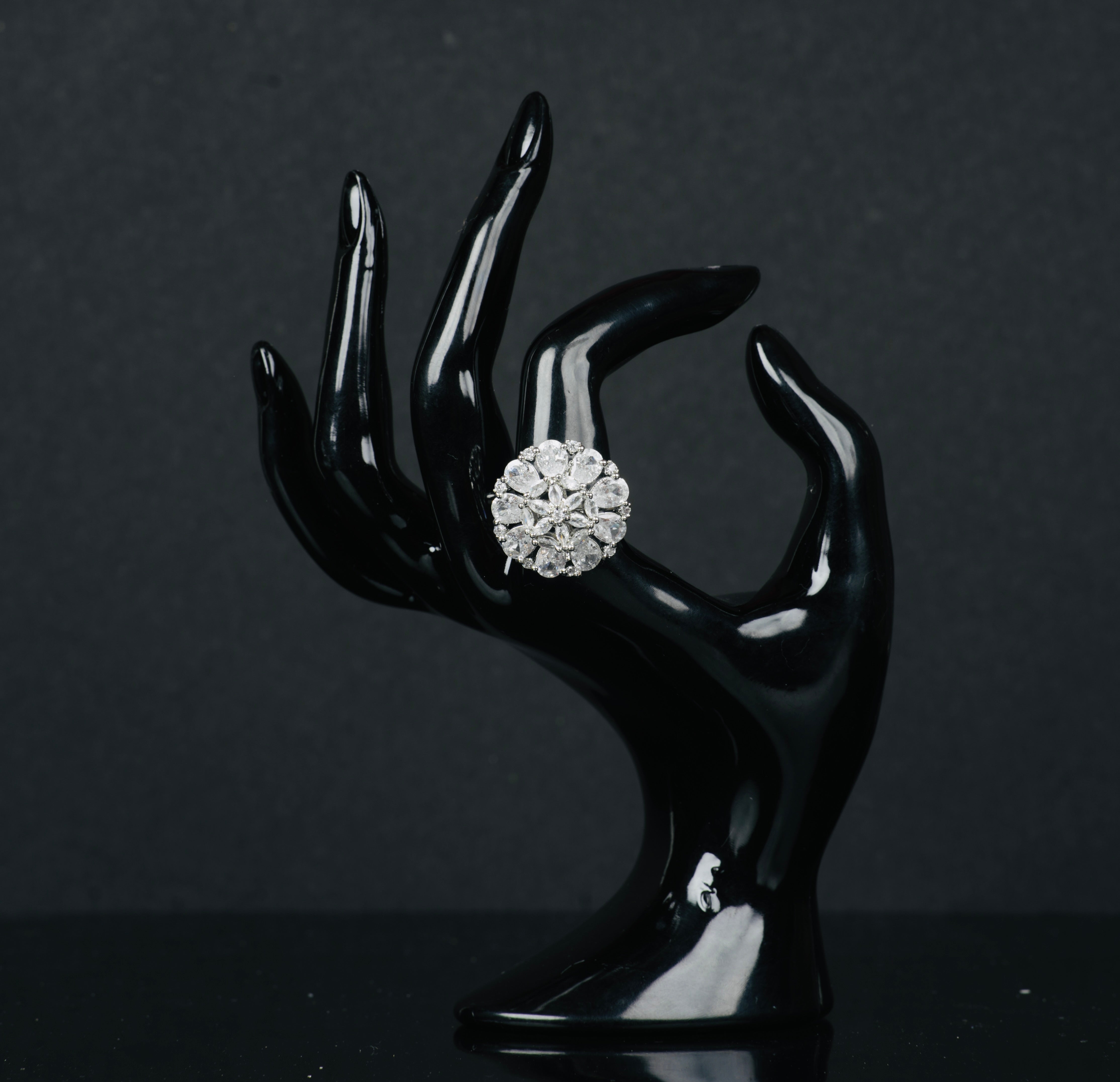 Silver-Colored American Diamond Round Shaped Multiple Stone Jewellery Ring