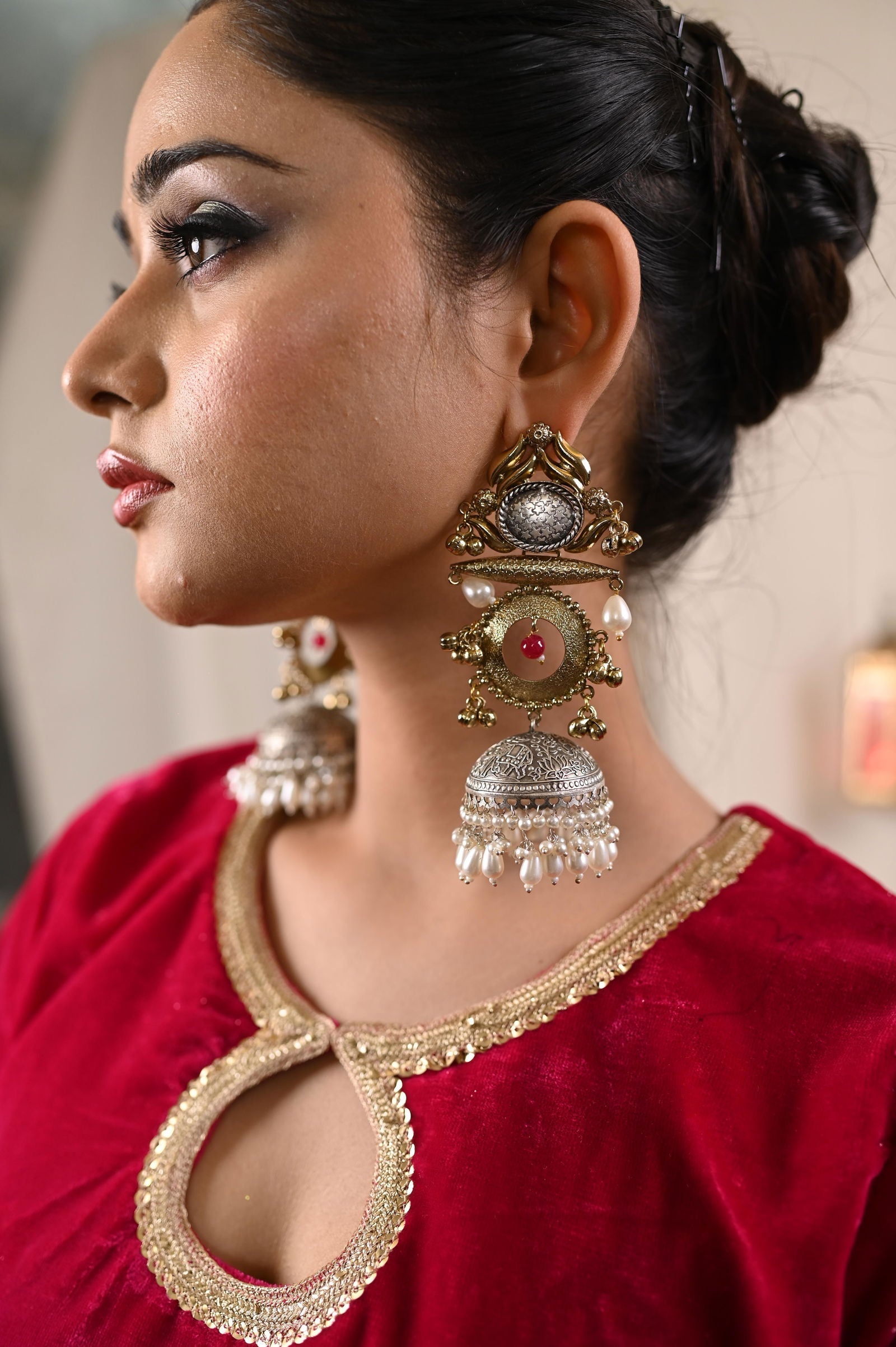 Antique Long Jhumkas with Mixed Metals and Teardrop Pearls - Mayrake -